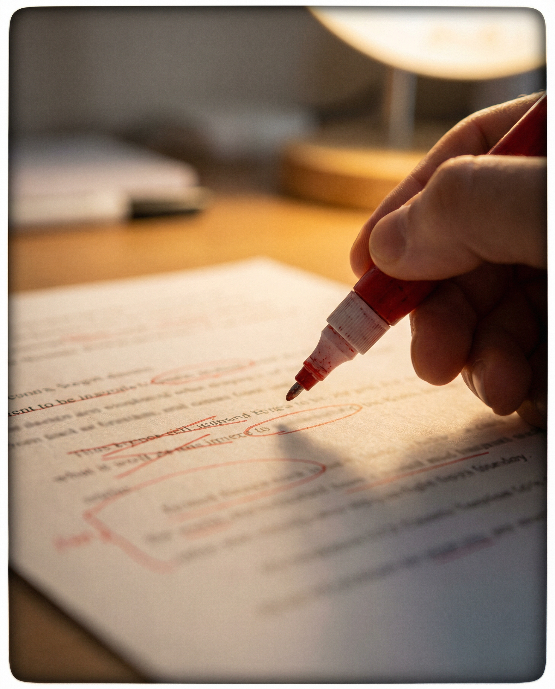 Photorealistic editorial photograph: extreme macro close-up of human hand holding red correction pen hovering over printed AI-generated article, visible editing marks and crossed-out generic phrases l