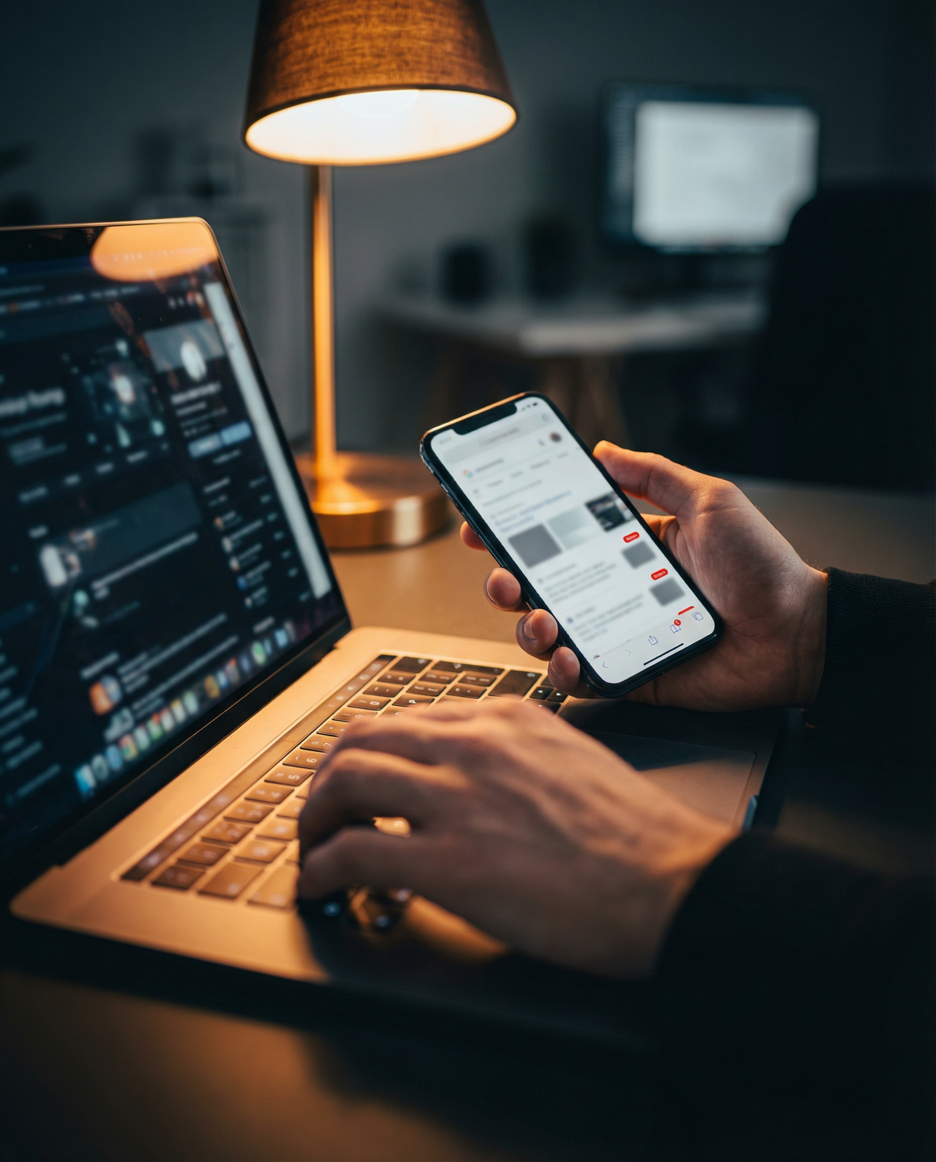 Photorealistic editorial photograph: extreme close-up of hands editing AI-generated content on laptop, one hand typing while other holds smartphone showing Google search results page with poor ranking