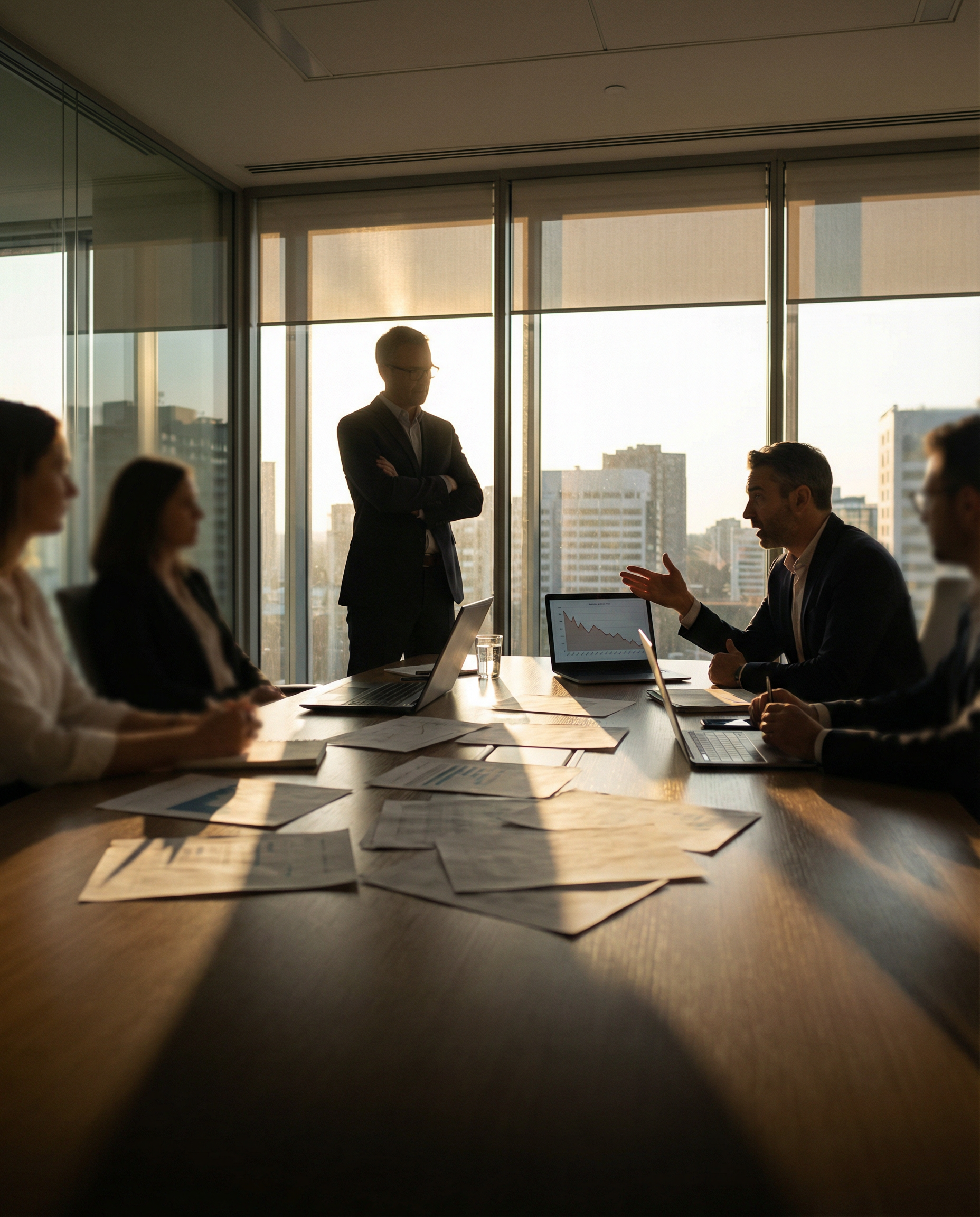 Photorealistic editorial photograph: wide establishing shot of digital marketing team in glass-walled conference room during tense budget review meeting, CFO standing with crossed arms backlit by larg