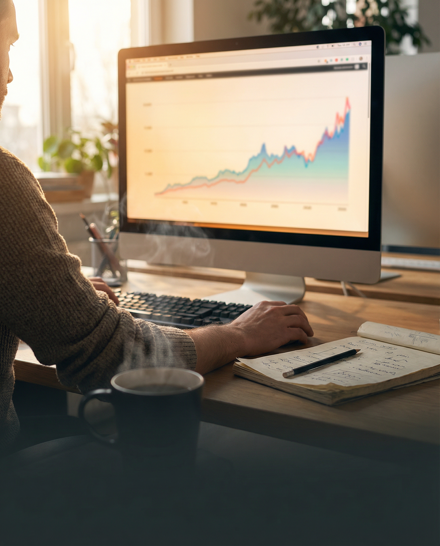 Photorealistic editorial photograph: over-the-shoulder view of content strategist reviewing published article on desktop monitor, browser window open showing climbing analytics graph, handwritten note