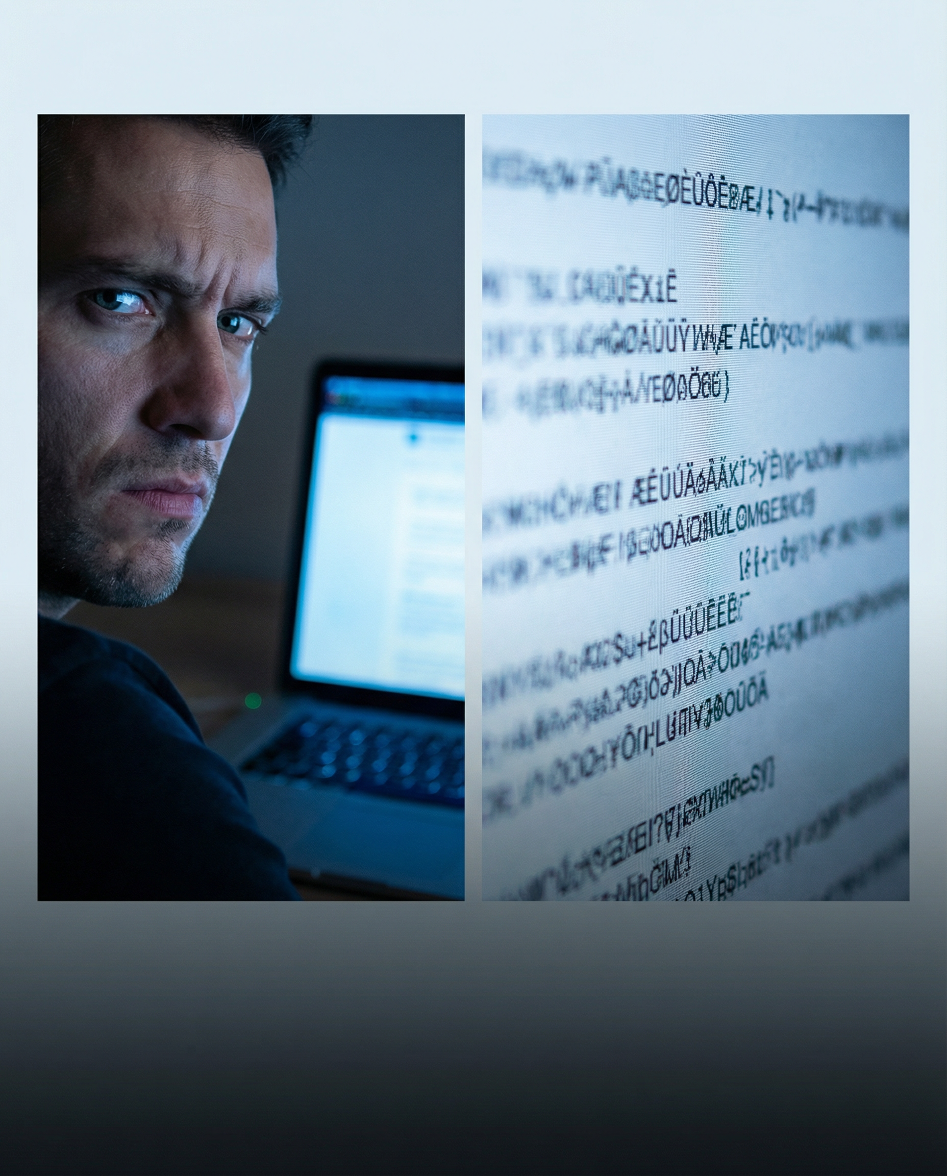 Photorealistic editorial photograph: split-screen composition showing marketing manager's frustrated face illuminated by laptop screen on left, close-up of generic AI-generated text with repetitive ph
