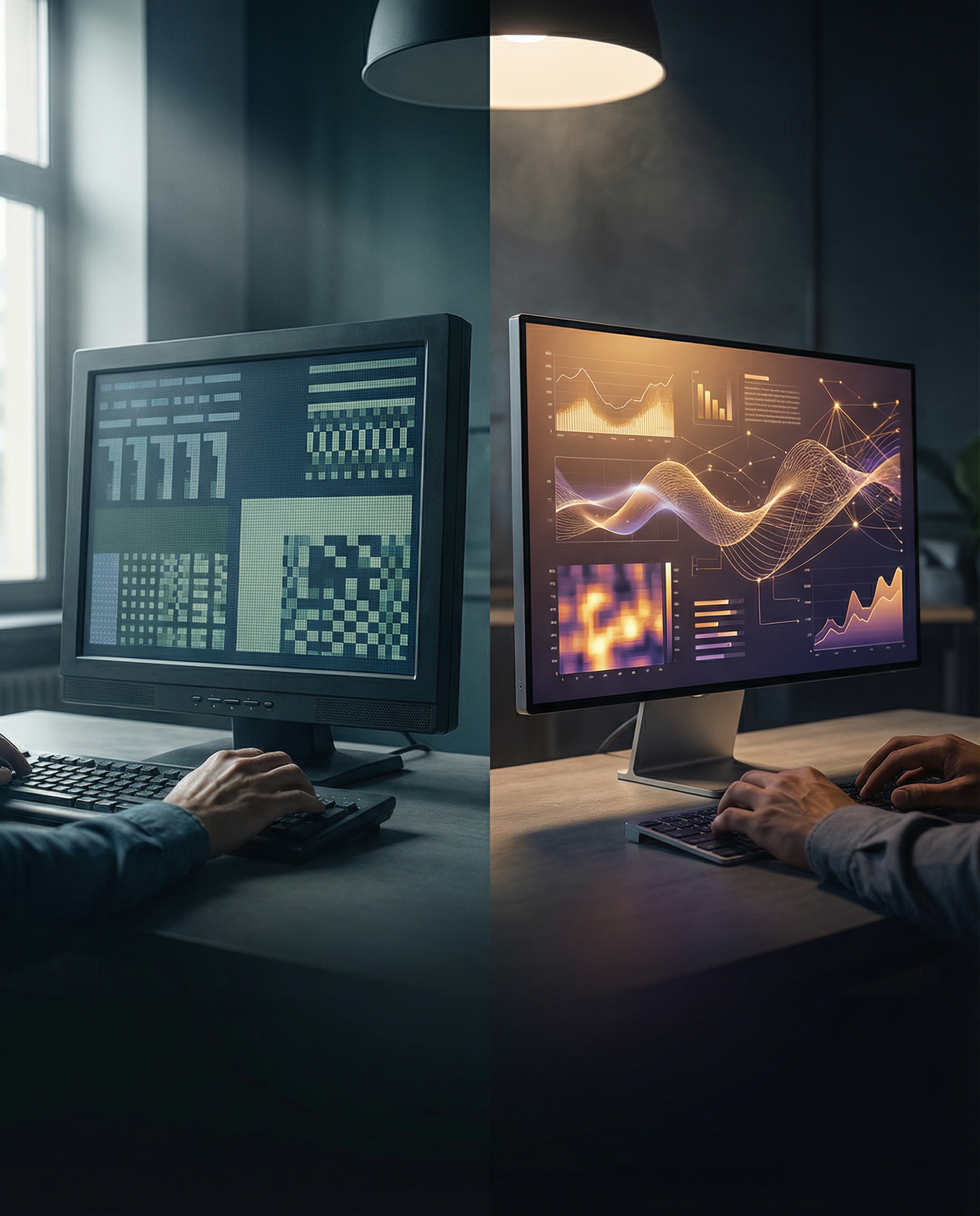Photorealistic editorial photograph: split-screen moment showing two computer monitors side by side in modern office, left screen displays old 2024 keyword-stuffed content with obvious patterns, right