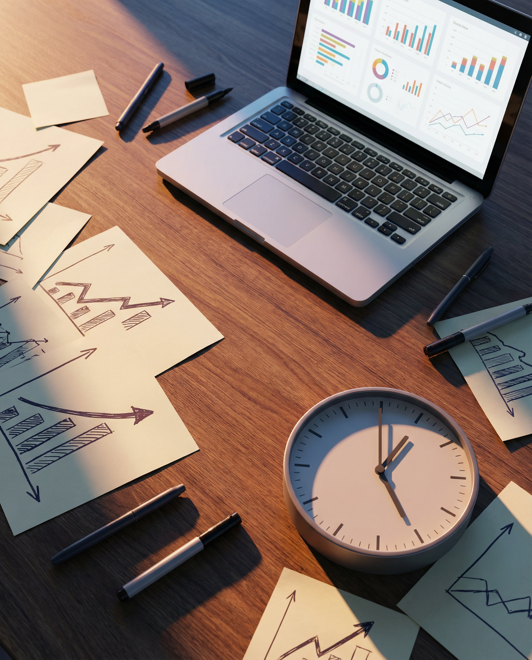 Photorealistic editorial photograph: overhead bird's-eye view of modern workspace desk showing analog clock at four o'clock position surrounded by handwritten notes and charts with upward trending gra