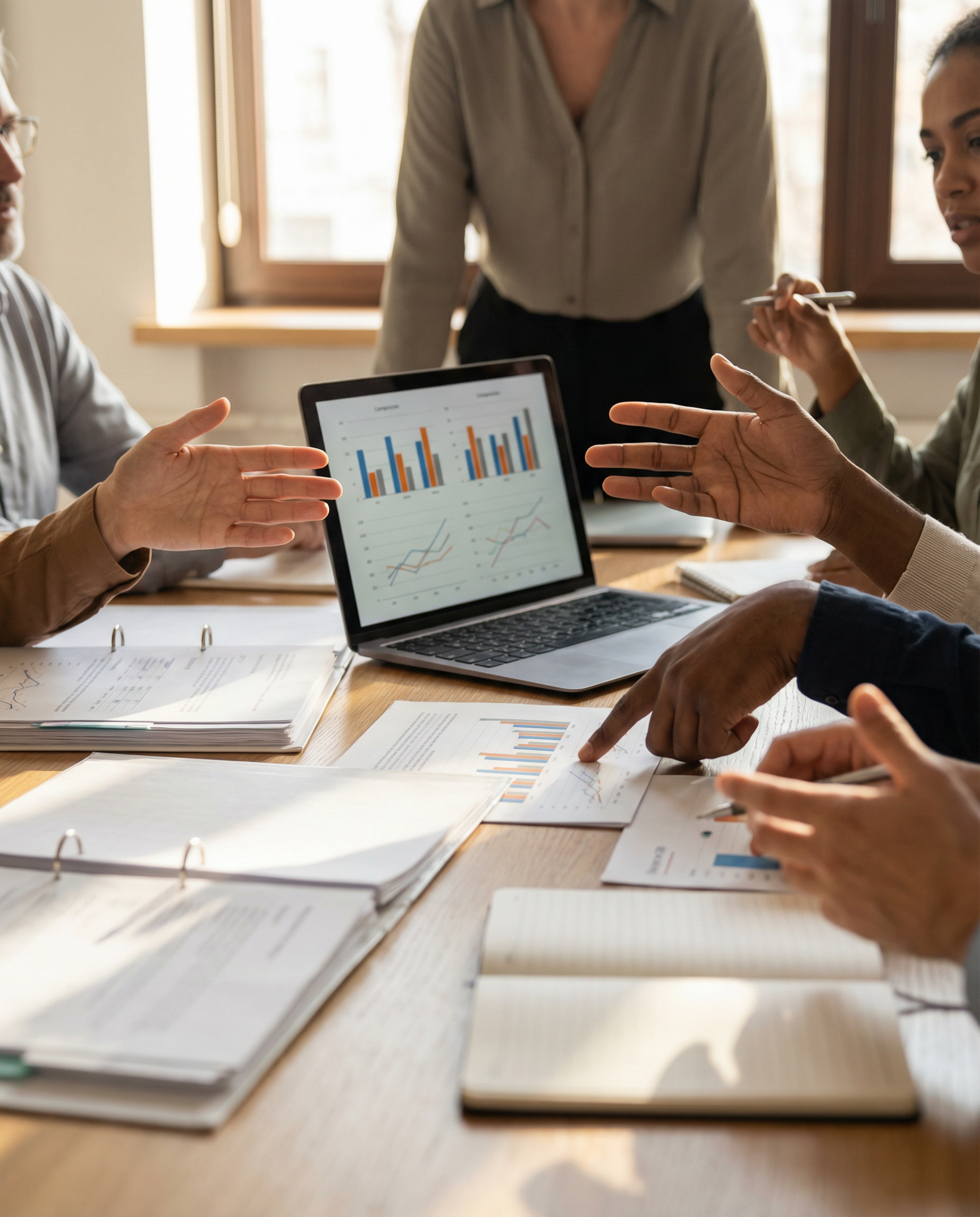 Photorealistic editorial photograph: medium shot of diverse hands gesturing in animated discussion over table covered with printed marketing materials and strategy documents, laptop screen visible sho