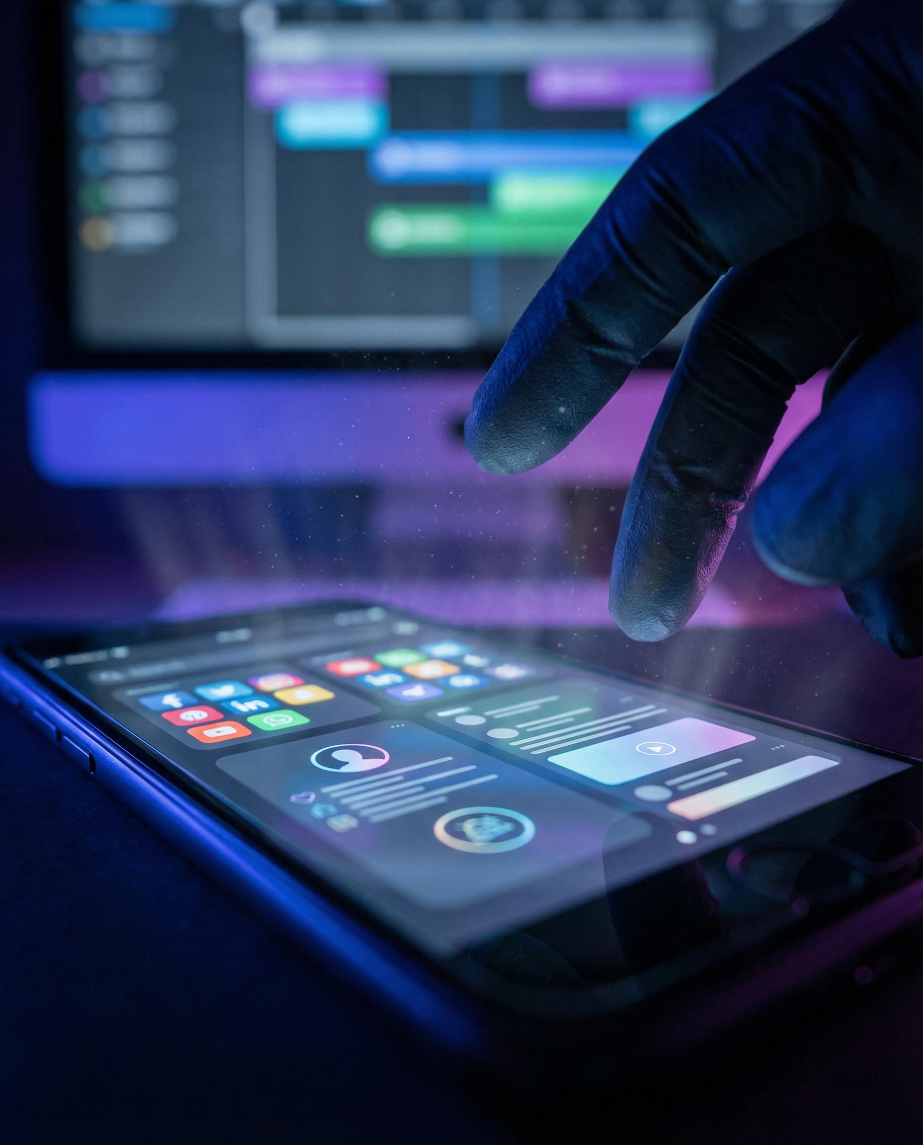 Photorealistic editorial photograph: extreme close-up macro shot of smartphone screen displaying multiple social media app interfaces simultaneously, fingers hovering over device ready to tap, dramati