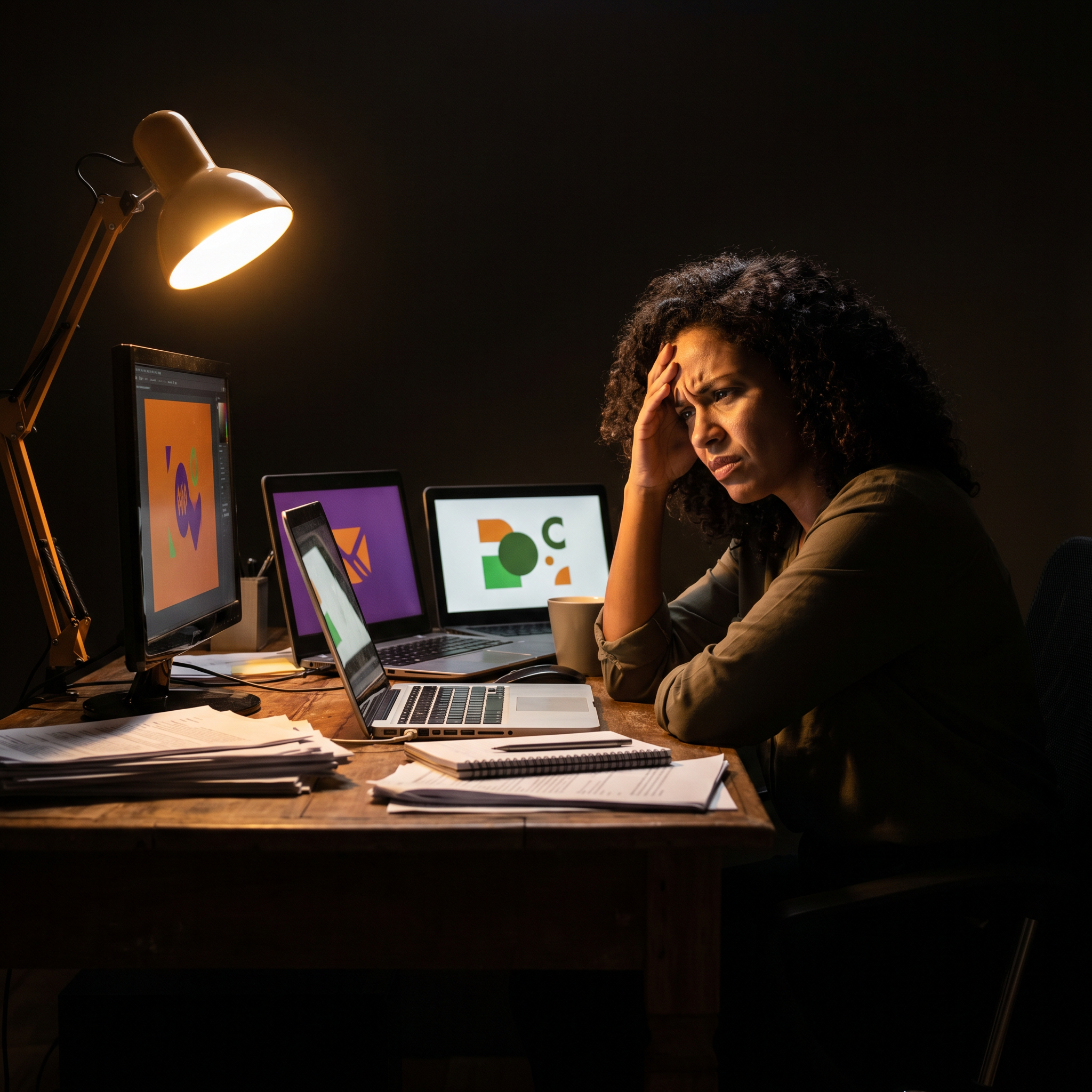 Photorealistic editorial magazine cover photograph: a Brazilian woman entrepreneur centered at a cluttered desk, three open screens showing mismatched brand colors and logos, her expression tense and