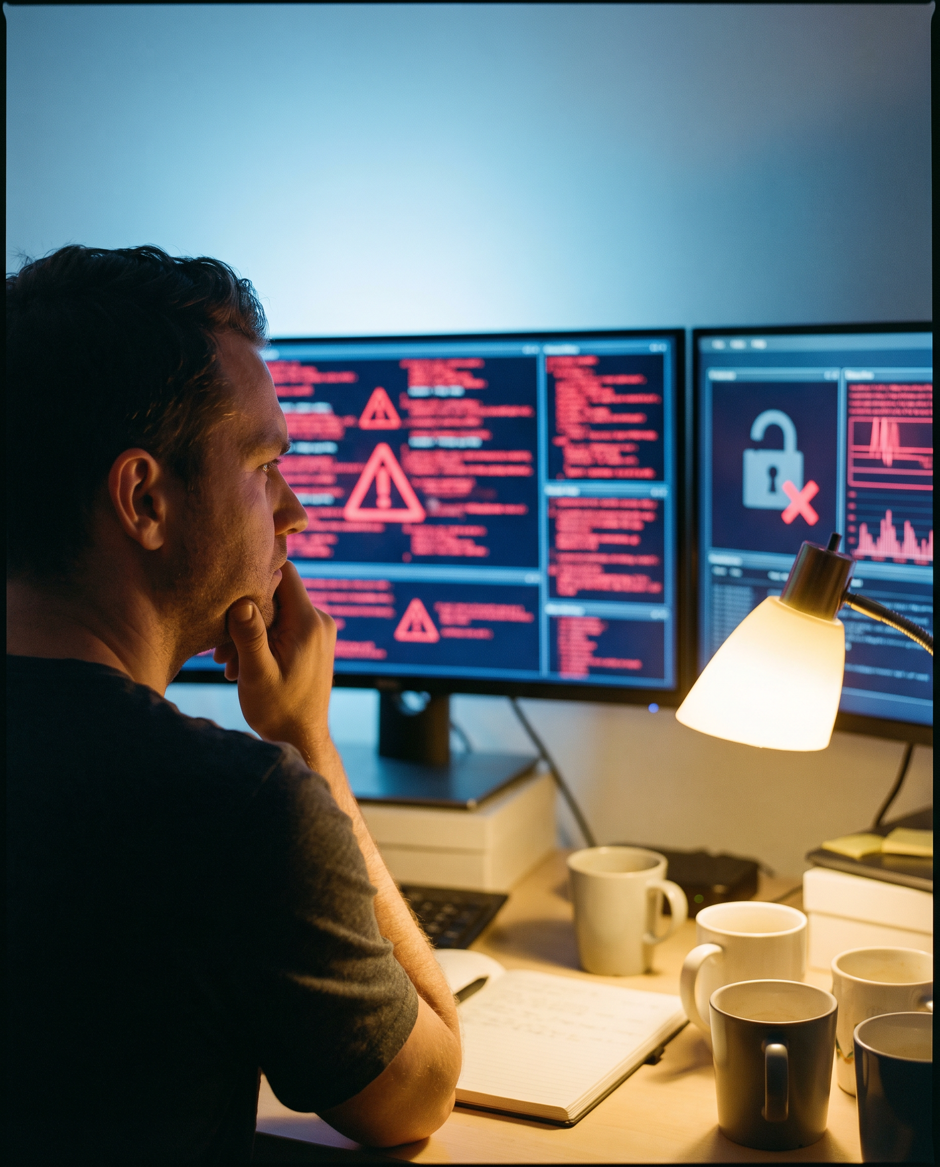 Photorealistic editorial photograph: tight over-the-shoulder shot of cybersecurity analyst staring intensely at multiple monitors displaying cascading red alert notifications and data flow diagrams, r
