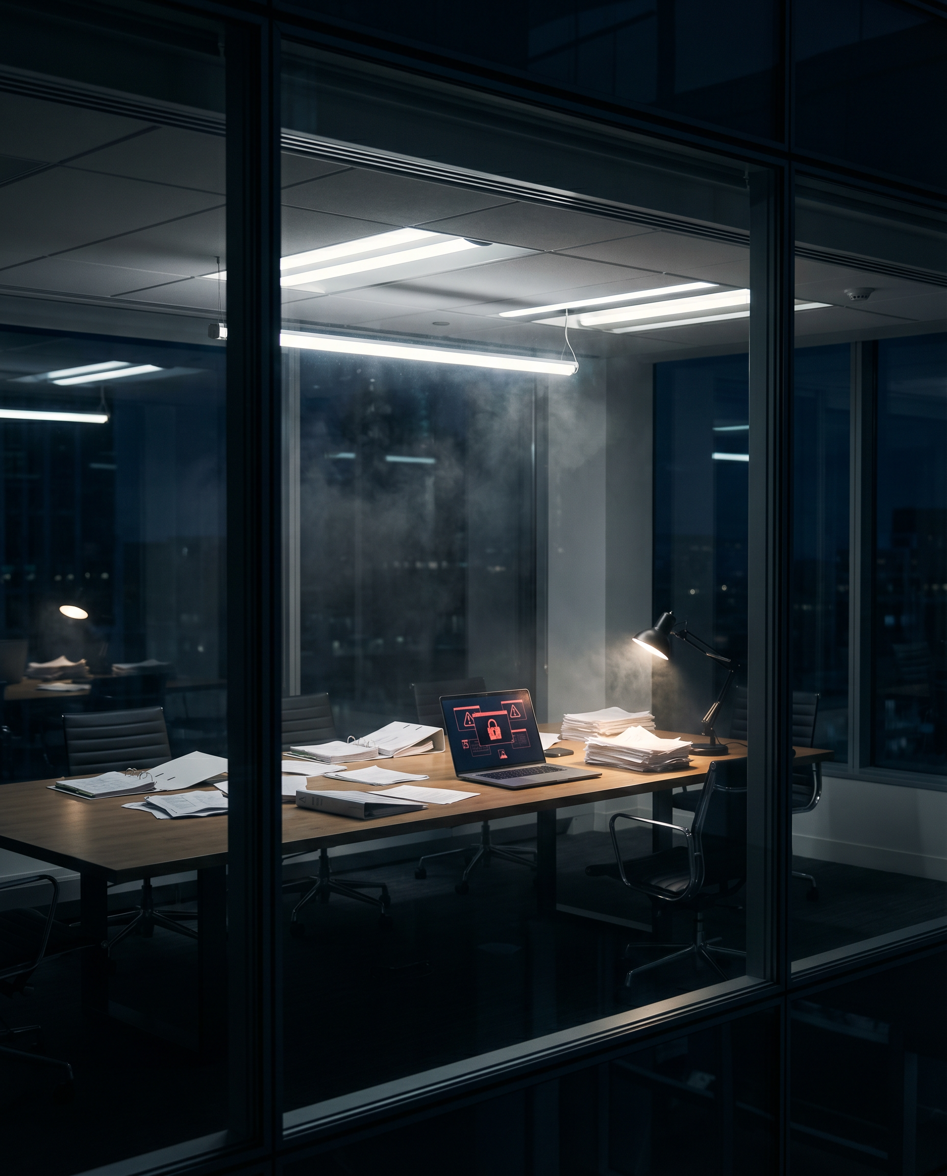 Photorealistic editorial photograph: wide establishing shot of modern corporate office at night with floor-to-ceiling windows, sensitive client data documents scattered across conference table under h