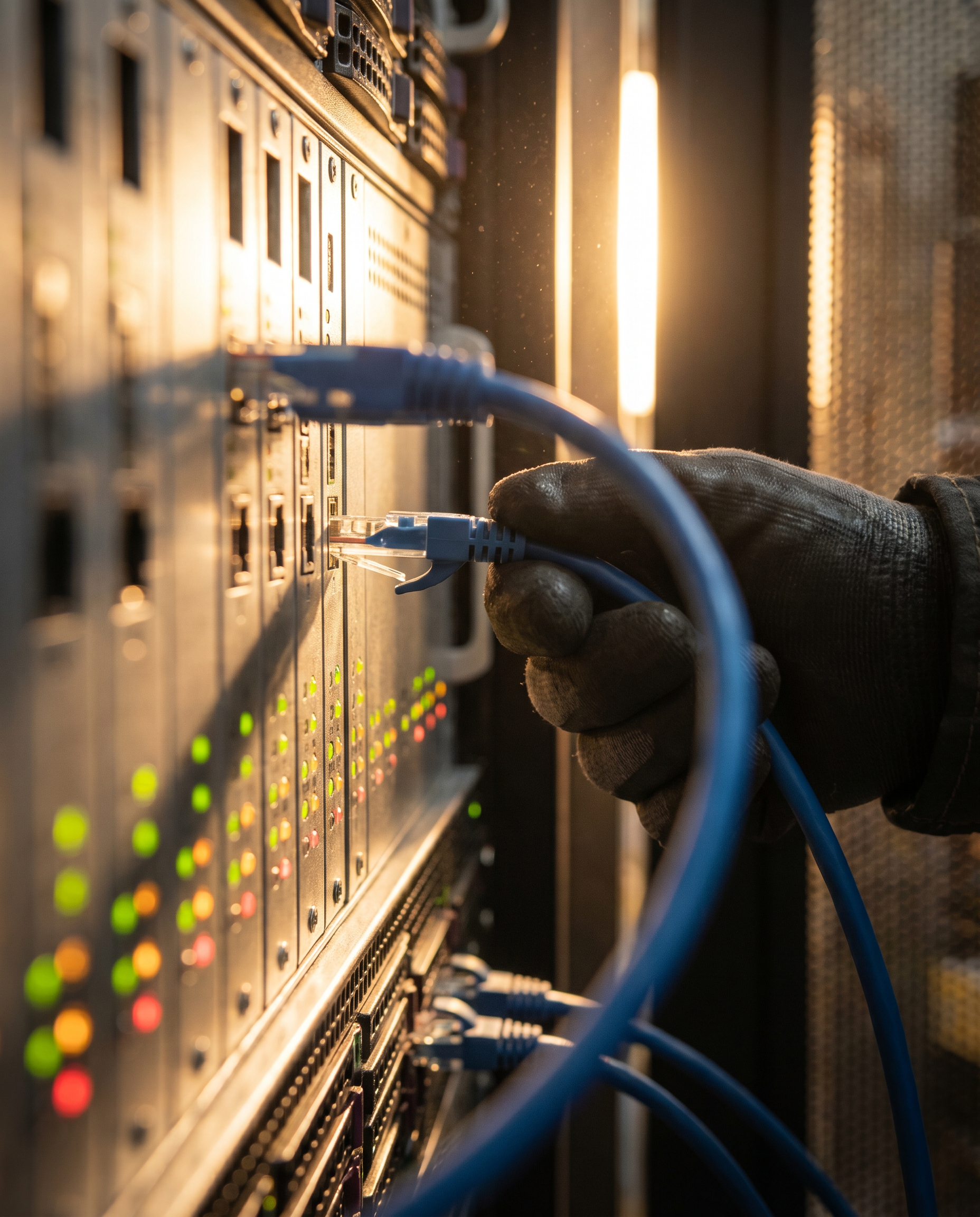 Photorealistic editorial photograph: macro close-up detail shot of network cable being physically disconnected from server port with motion blur suggesting urgent action, dramatic golden hour sunlight
