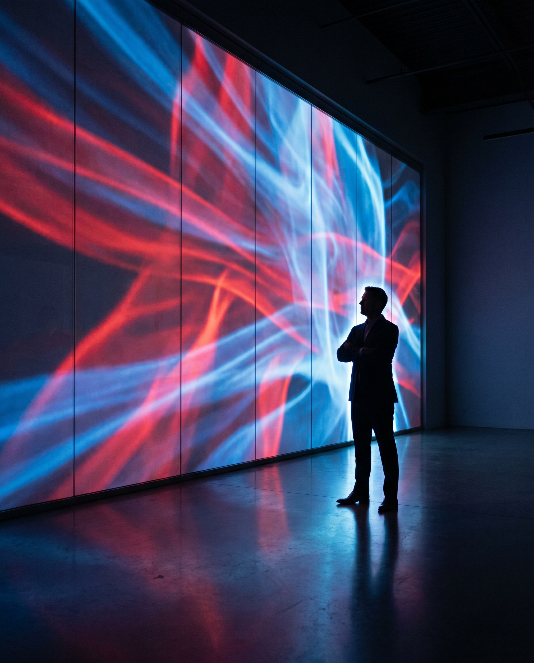 Photorealistic editorial photograph: low angle shot of silhouetted business executive standing before massive glass wall displaying abstract data visualization projections in red and blue, arms crosse