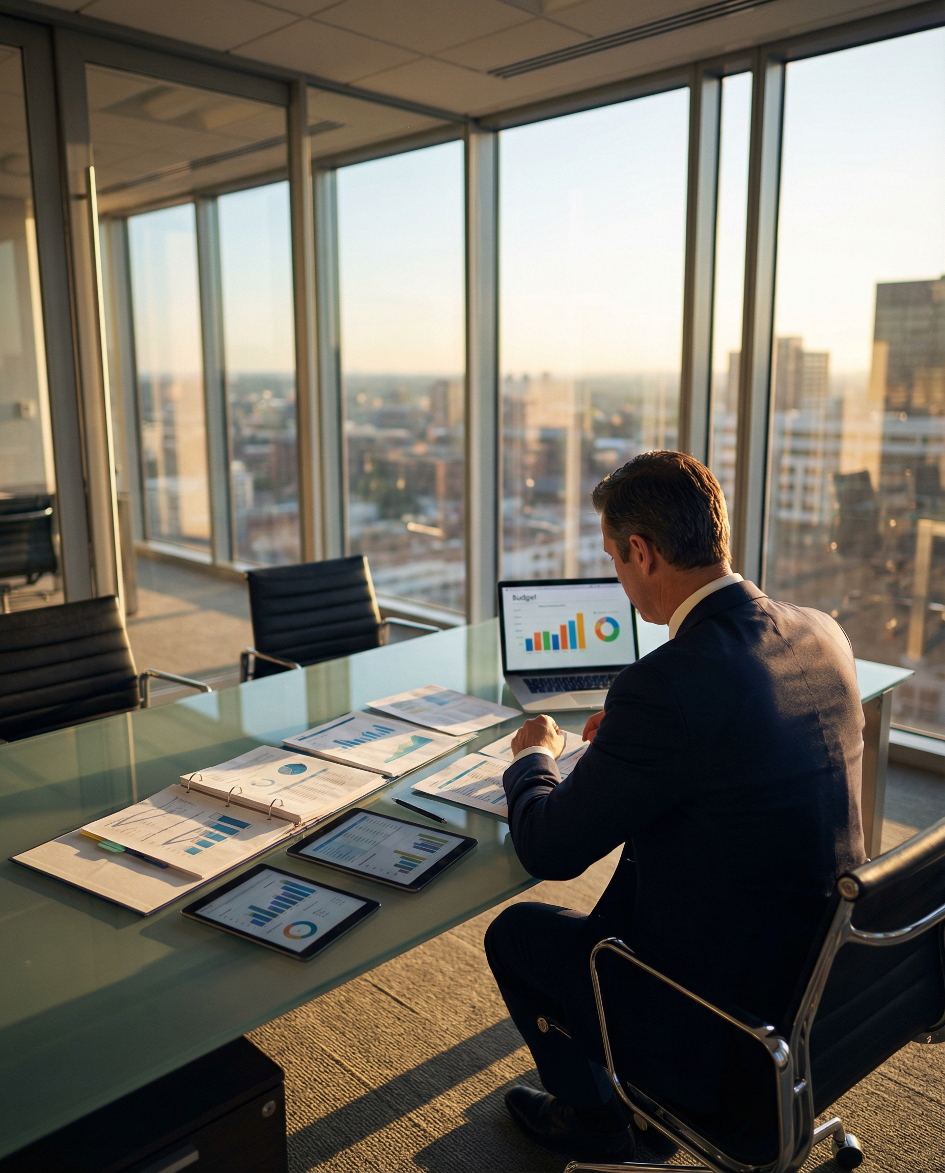 Photorealistic editorial photograph: wide establishing shot of modern CFO office with floor-to-ceiling windows at golden hour, executive reviewing financial documents spread across glass desk showing