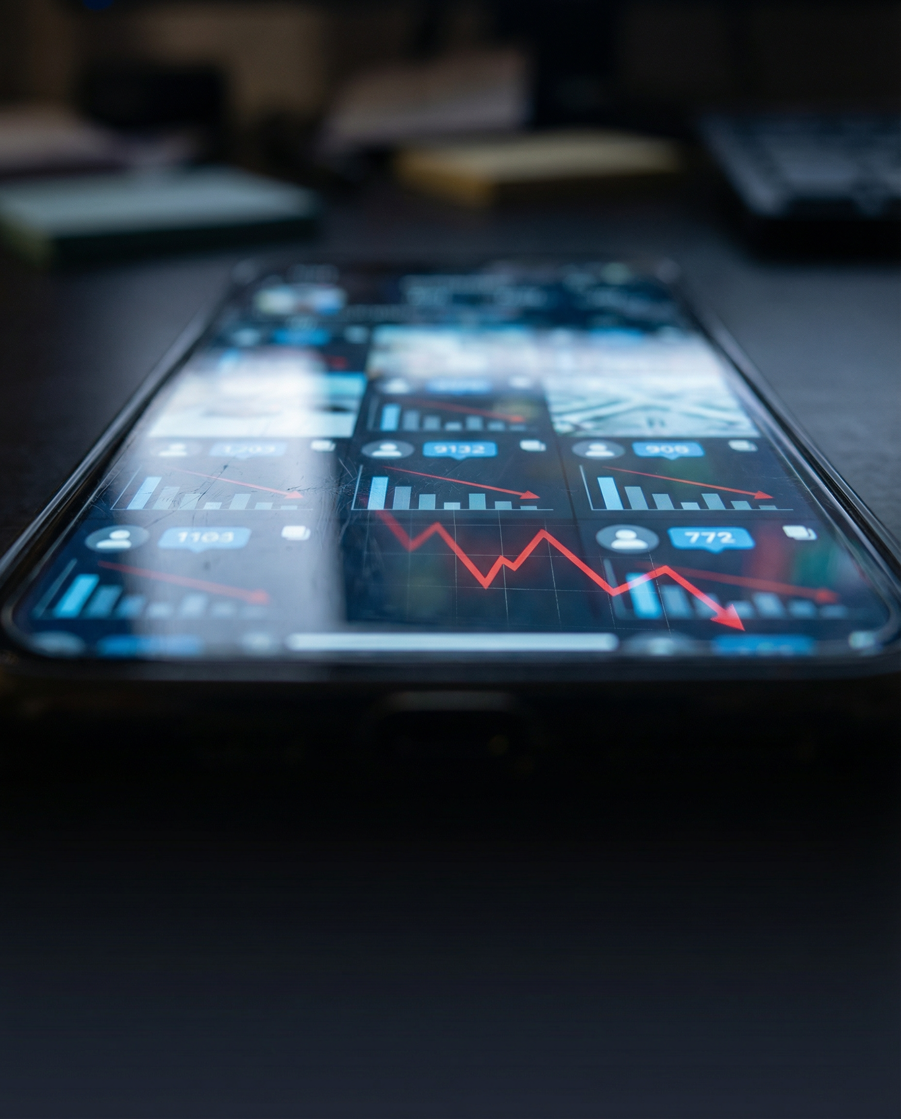 Photorealistic editorial photograph: extreme close-up macro shot of smartphone screen displaying Instagram grid with engagement metrics plummeting, dramatic red downward graph overlay visible in phone