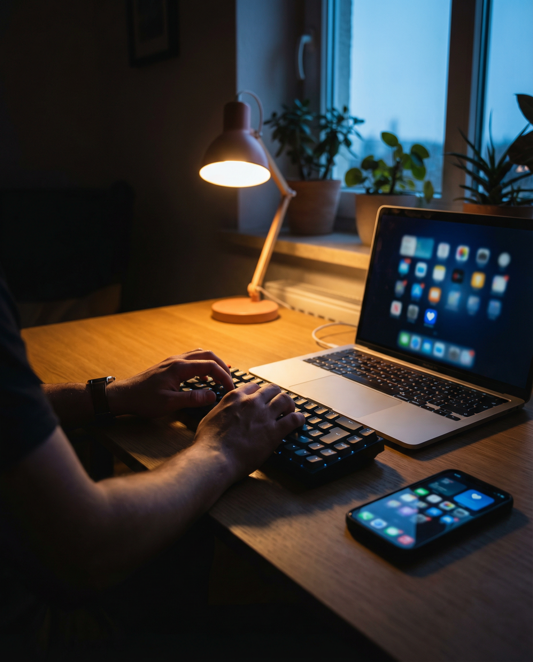 Photorealistic editorial photograph: over-the-shoulder shot of content strategist's hands hovering over keyboard with Instagram mobile app visible on phone beside laptop, screen showing healthy engage