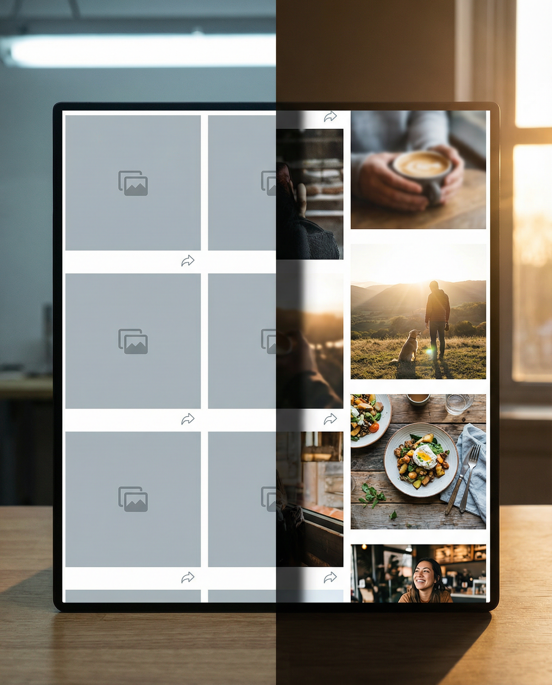 Photorealistic editorial photograph: split-screen composition showing two Instagram feeds side by side, left side features repetitive identical template posts in perfect grid formation suggesting robo