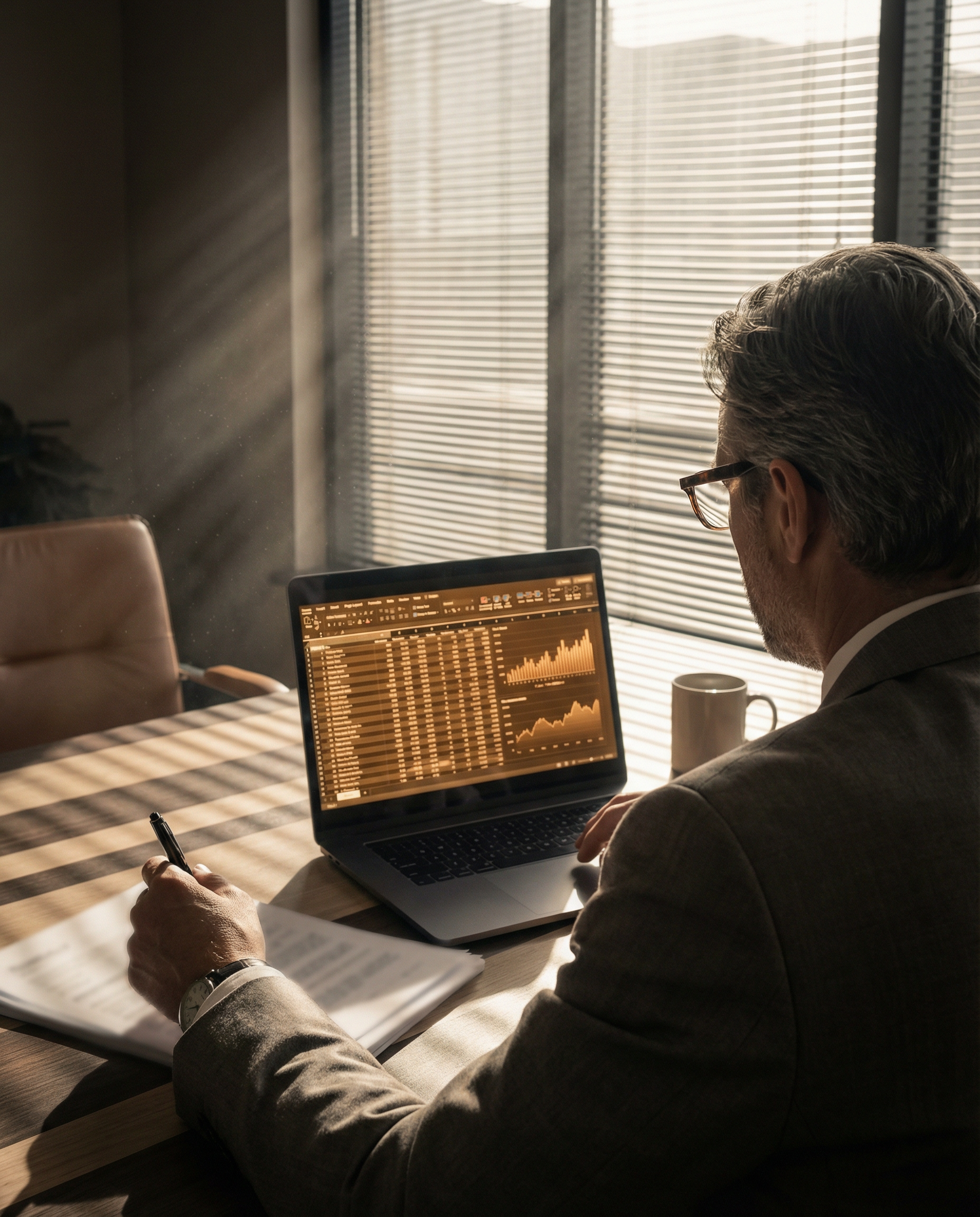 Photorealistic editorial photograph: over-the-shoulder shot of CFO reviewing AI budget spreadsheet on laptop in corner office, dramatic volumetric light streaming through venetian blinds creating stri
