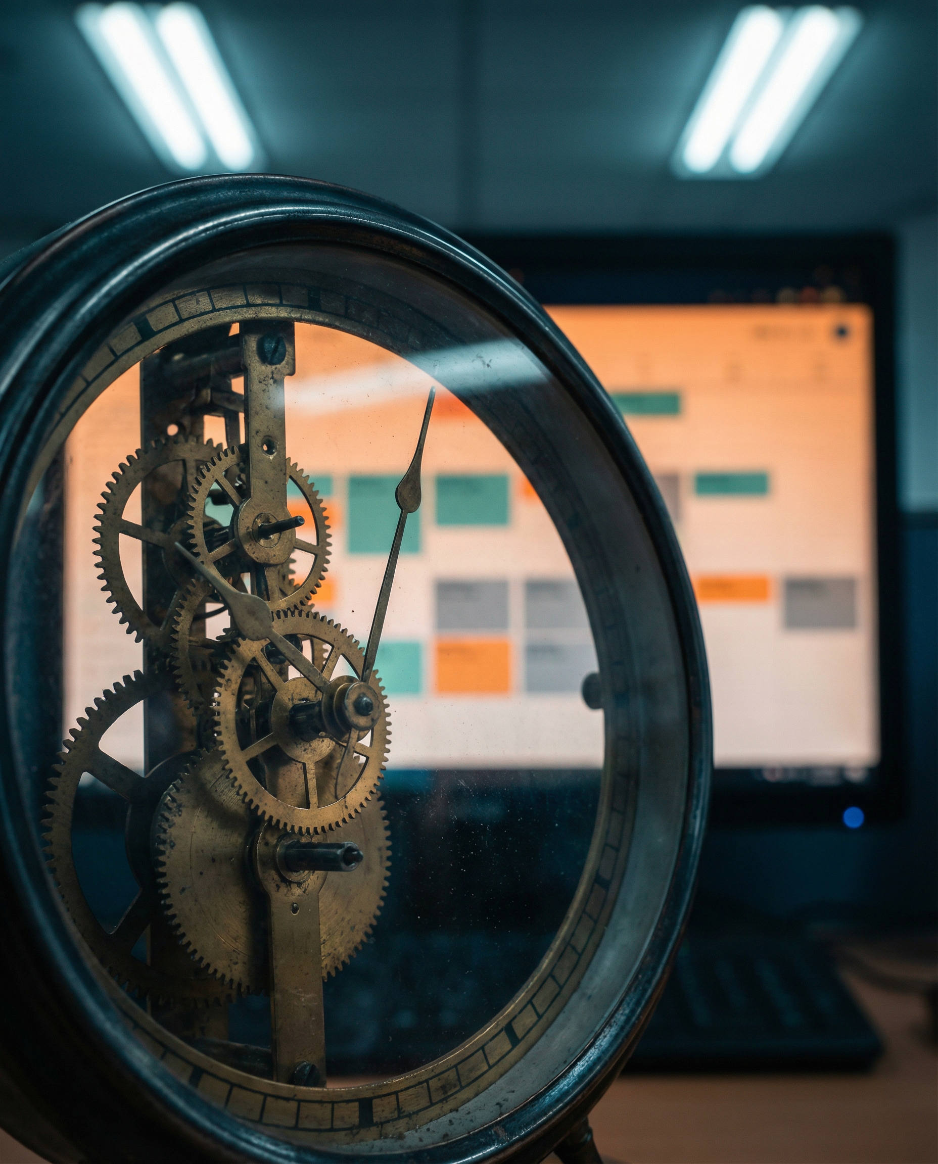 Photorealistic editorial photograph: close-up detail shot of analog clock face with second hand moving in natural irregular rhythm overlaid against digital scheduling calendar grid on screen behind it