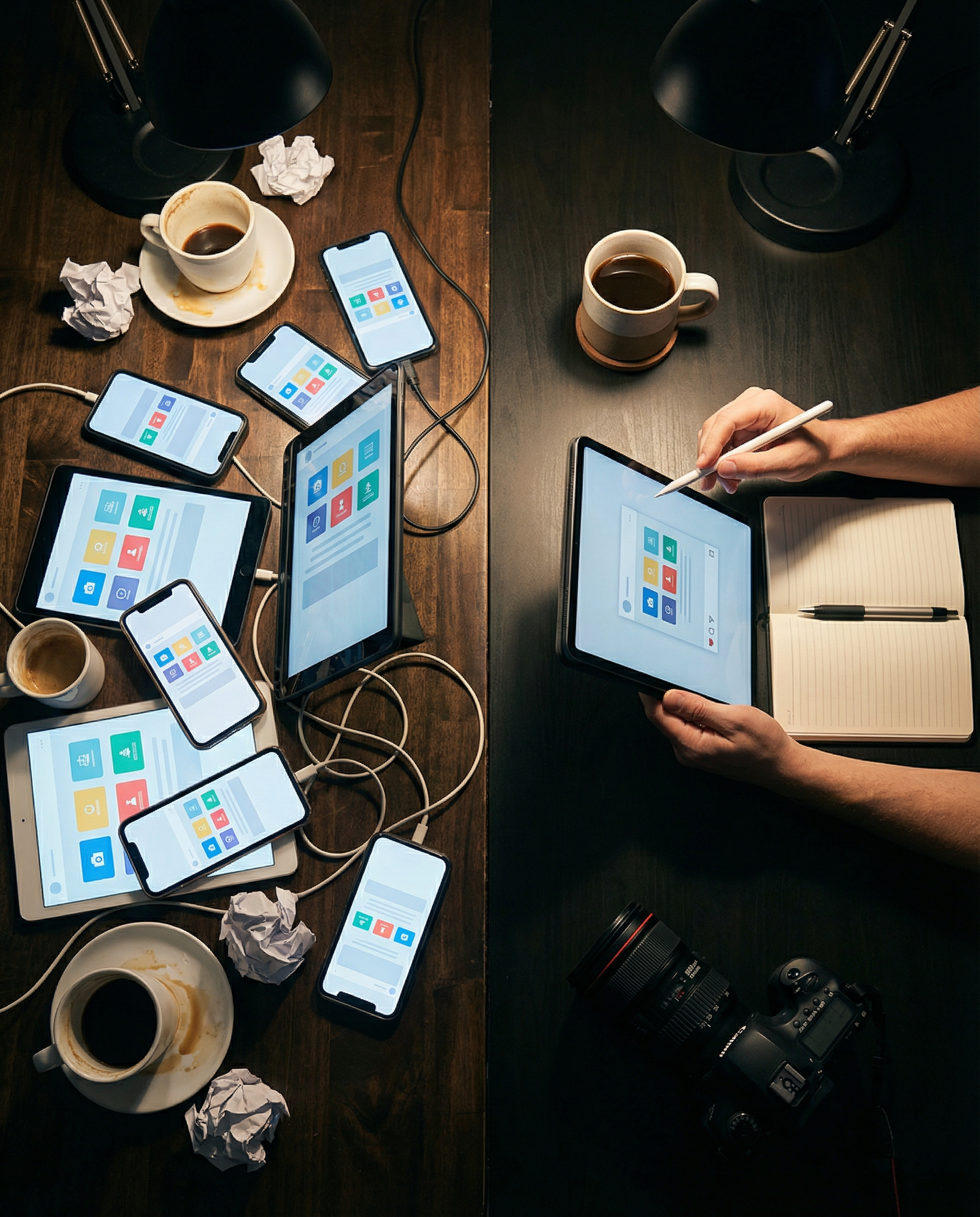 Photorealistic editorial photograph: split-screen desk scene showing contrast between chaotic automated workflow and organized human oversight, left side cluttered with multiple phones displaying iden