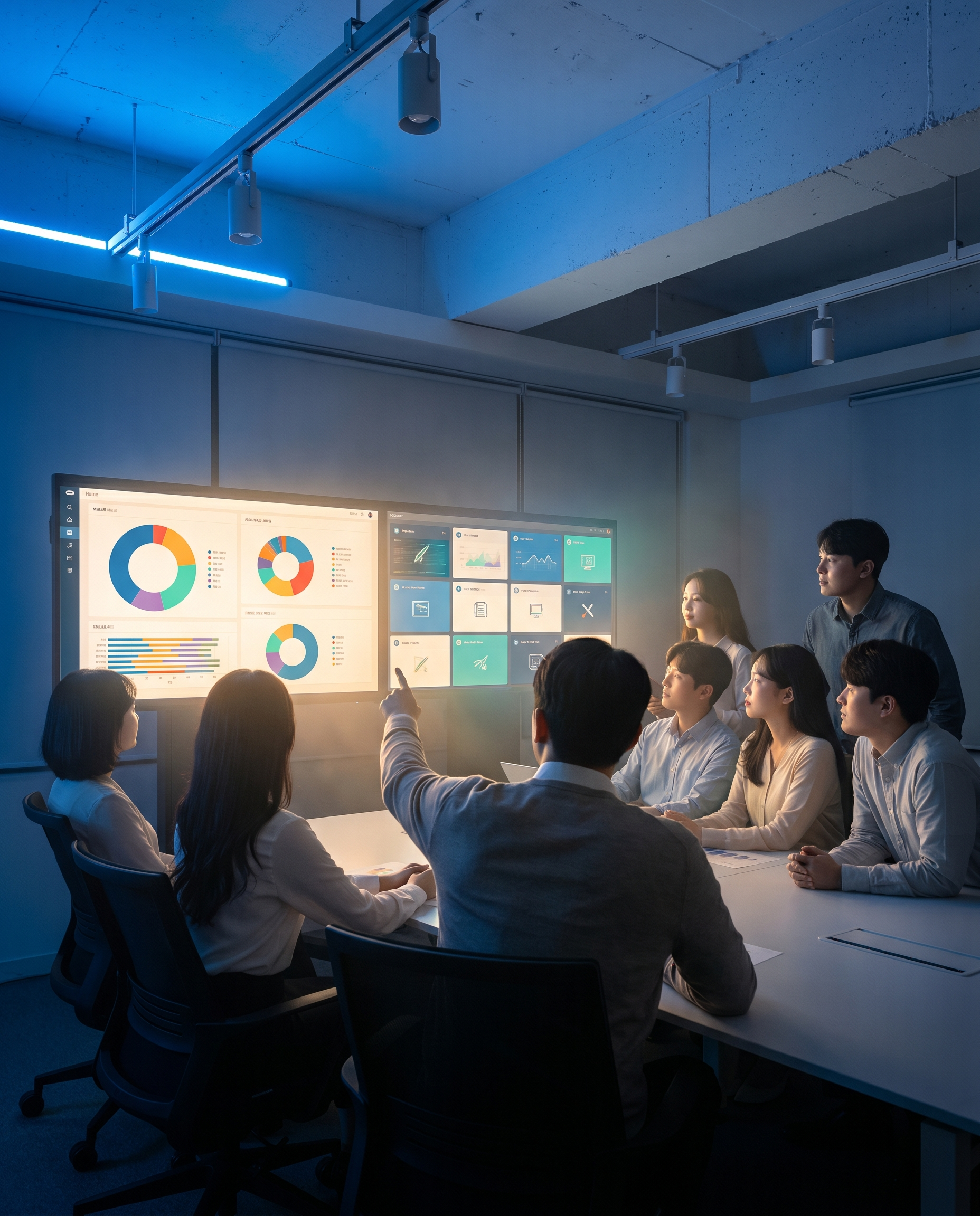 Photorealistic editorial photograph: wide establishing shot of a Korean marketing team gathered around a large monitor displaying a glowing AI dashboard with colorful segmented charts, seven distinct
