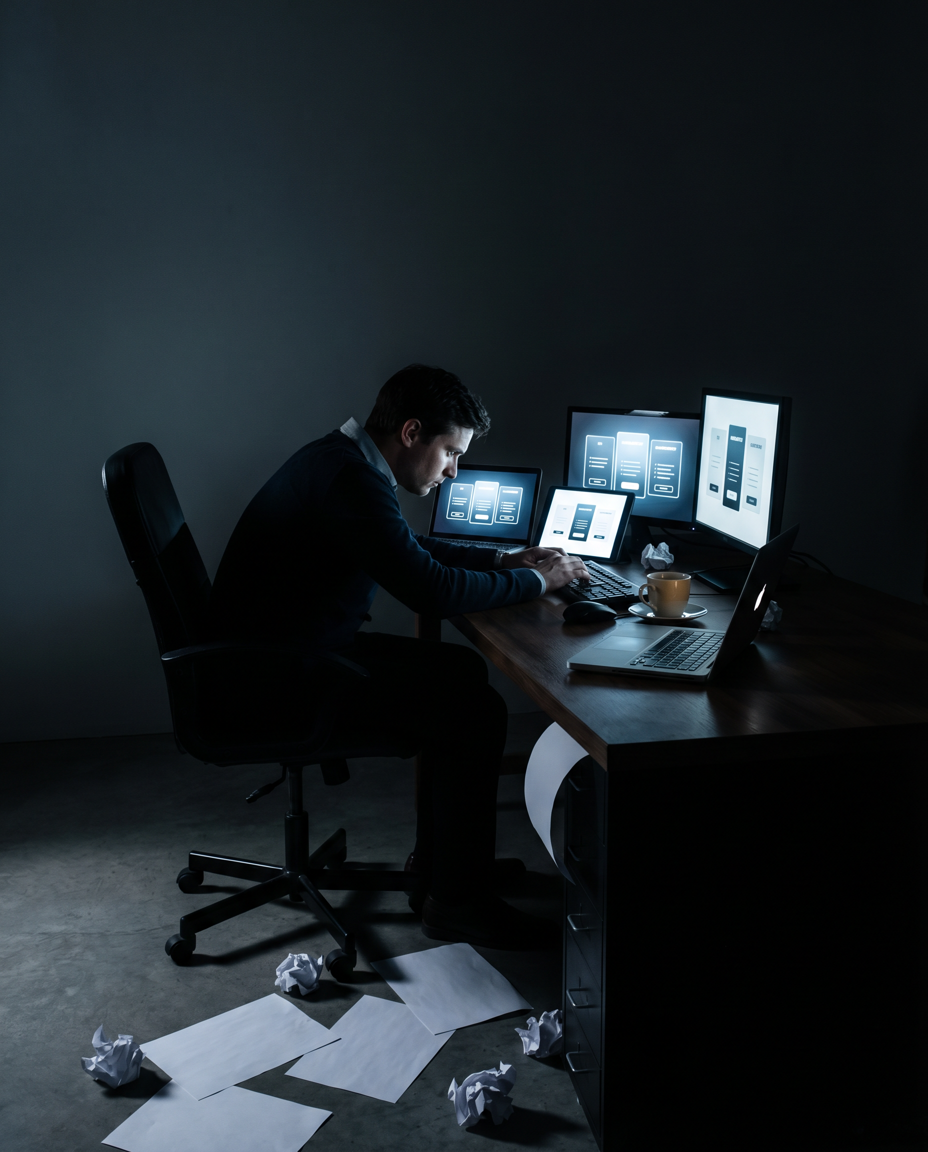 Photorealistic editorial photograph: low-angle cinematic shot of a single marketer sitting alone at a dark desk, surrounded by glowing subscription plan screens on multiple devices, face lit purely by