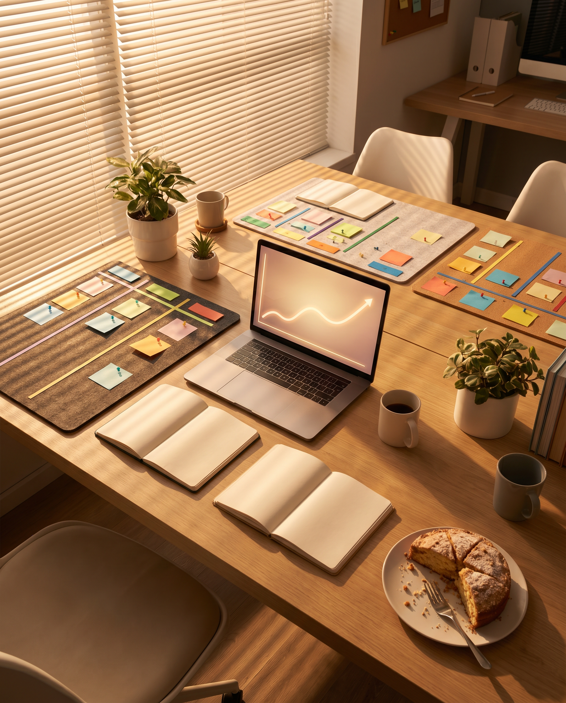 Photorealistic editorial photograph: aerial overhead wide shot of a modern marketing team's organized workspace after successful AI tool integration, color-coded workflow boards, a single central lapt