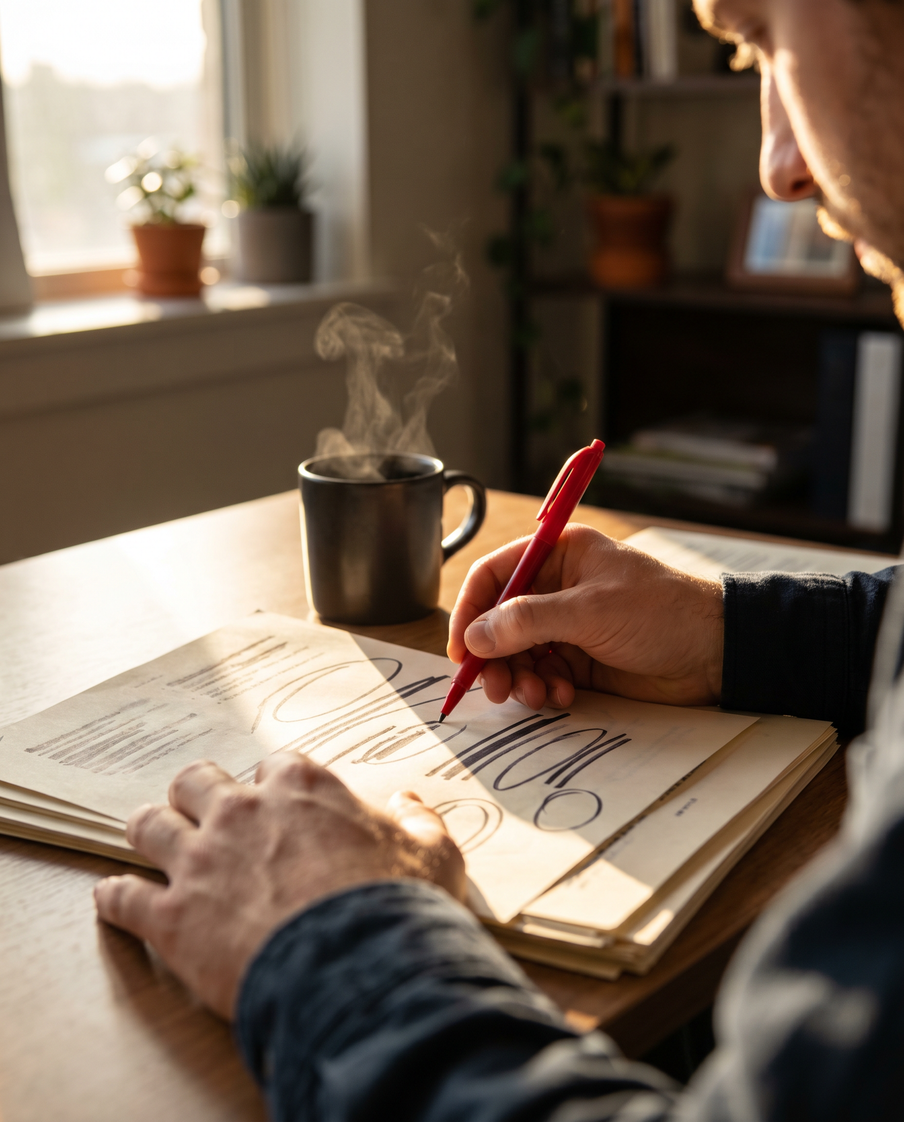 Photorealistic editorial photograph: dramatic over-the-shoulder close-up of a content editor's hands crossing out sections of a printed AI-generated draft with a red pen, coffee mug steaming beside th
