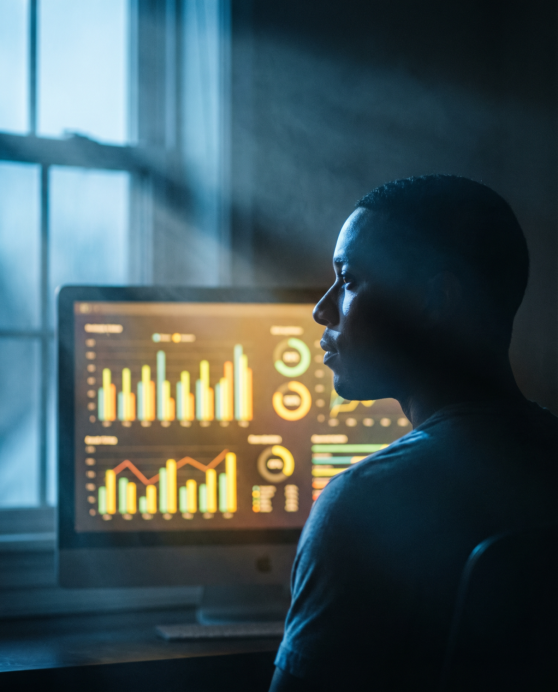 Photorealistic editorial photograph: person's profile silhouetted against large monitor displaying search results interface with colorful ranking position indicators and traffic graphs, early morning