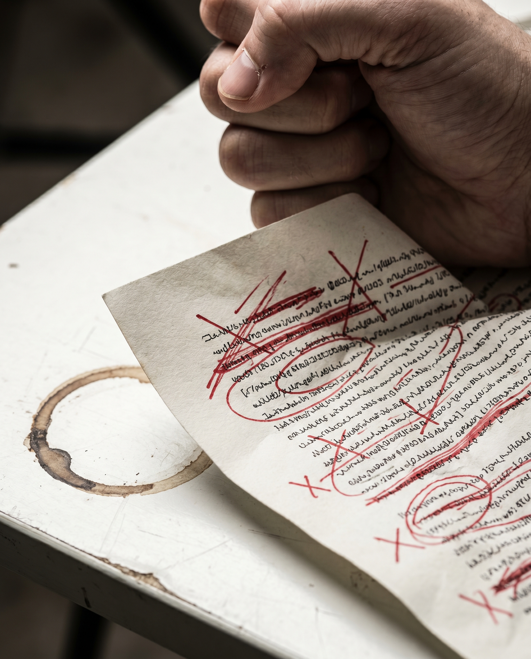 Photorealistic editorial photograph: close-up of printed article pages with multiple red pen strikethrough marks and margin corrections, frustrated hand crumpling corner of paper, coffee ring stain on