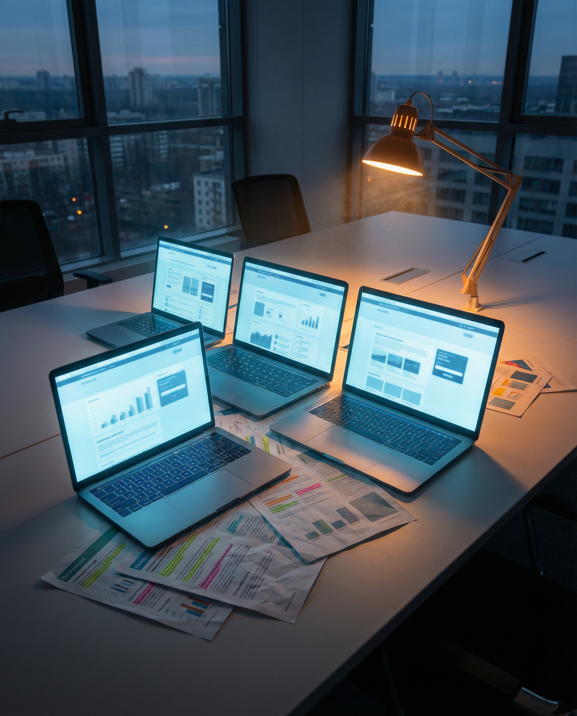 Photorealistic editorial photograph: wide shot of modern office desk at dusk with three identical laptop screens arranged side-by-side displaying different webpage layouts in cool blue light, printed