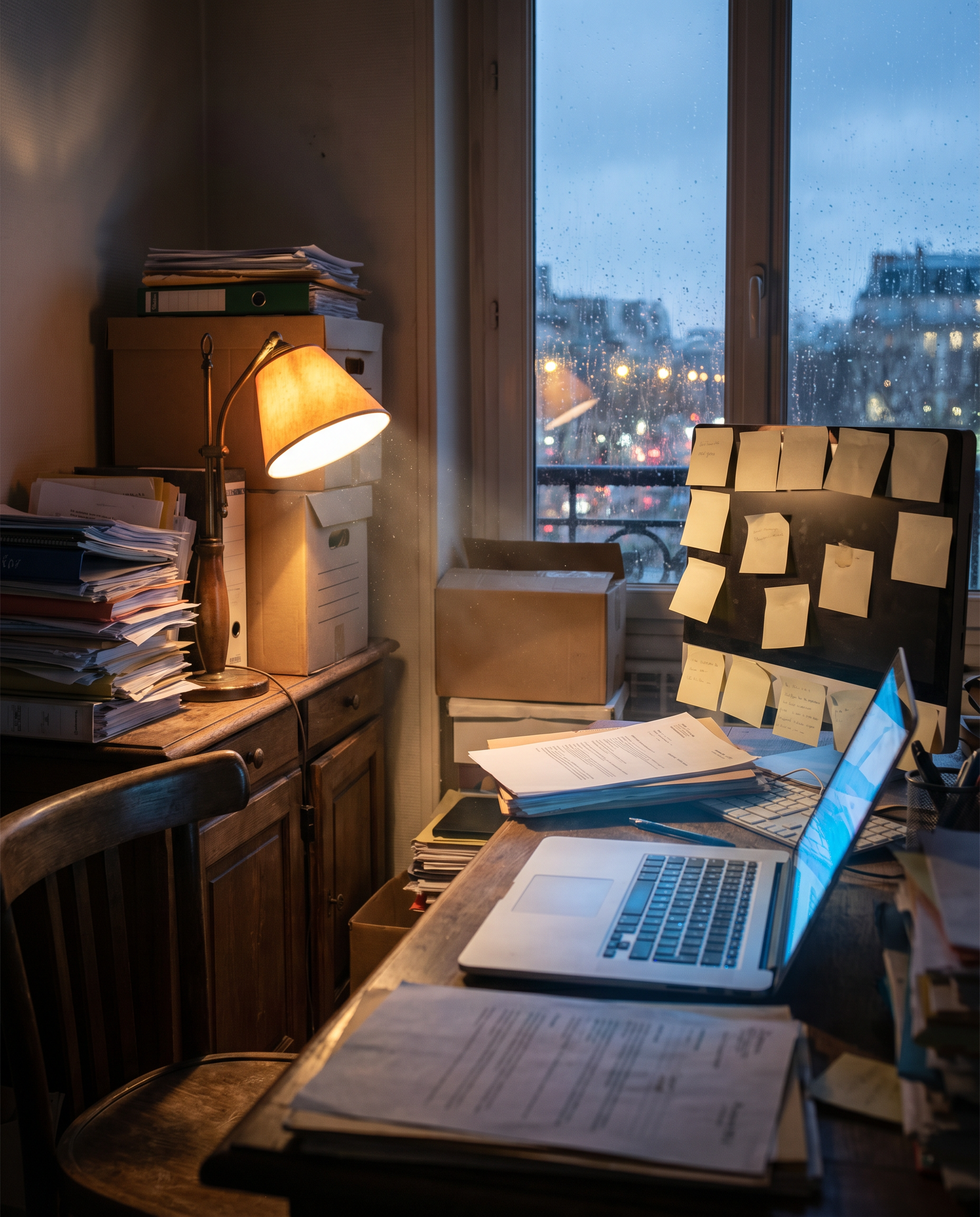 Photorealistic editorial photograph: wide establishing shot of a cluttered French small-business office at dusk — stacked invoices, handwritten sticky notes covering a monitor, a single desk lamp cast