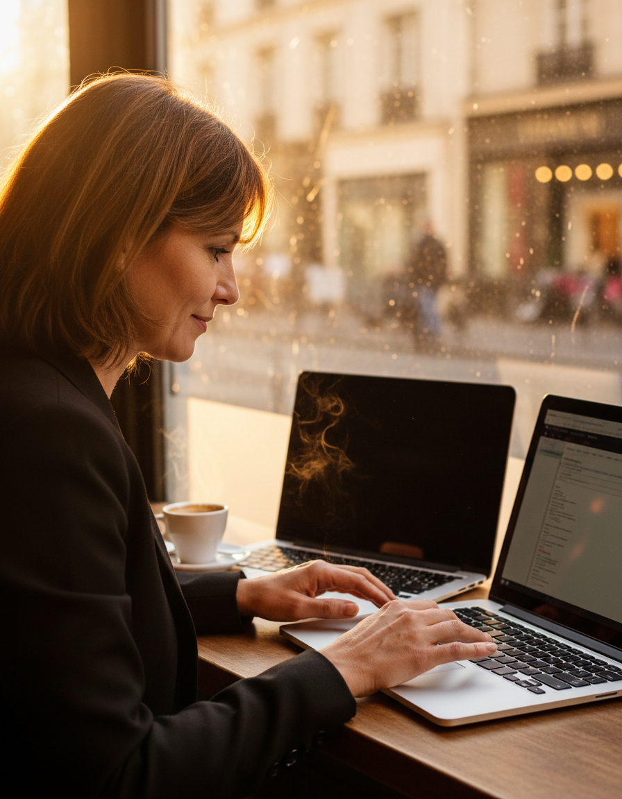 Photorealistic editorial photograph: over-the-shoulder human moment of a middle-aged French woman consultant reviewing two side-by-side laptop screens in a sunlit café, golden hour light streaming thr