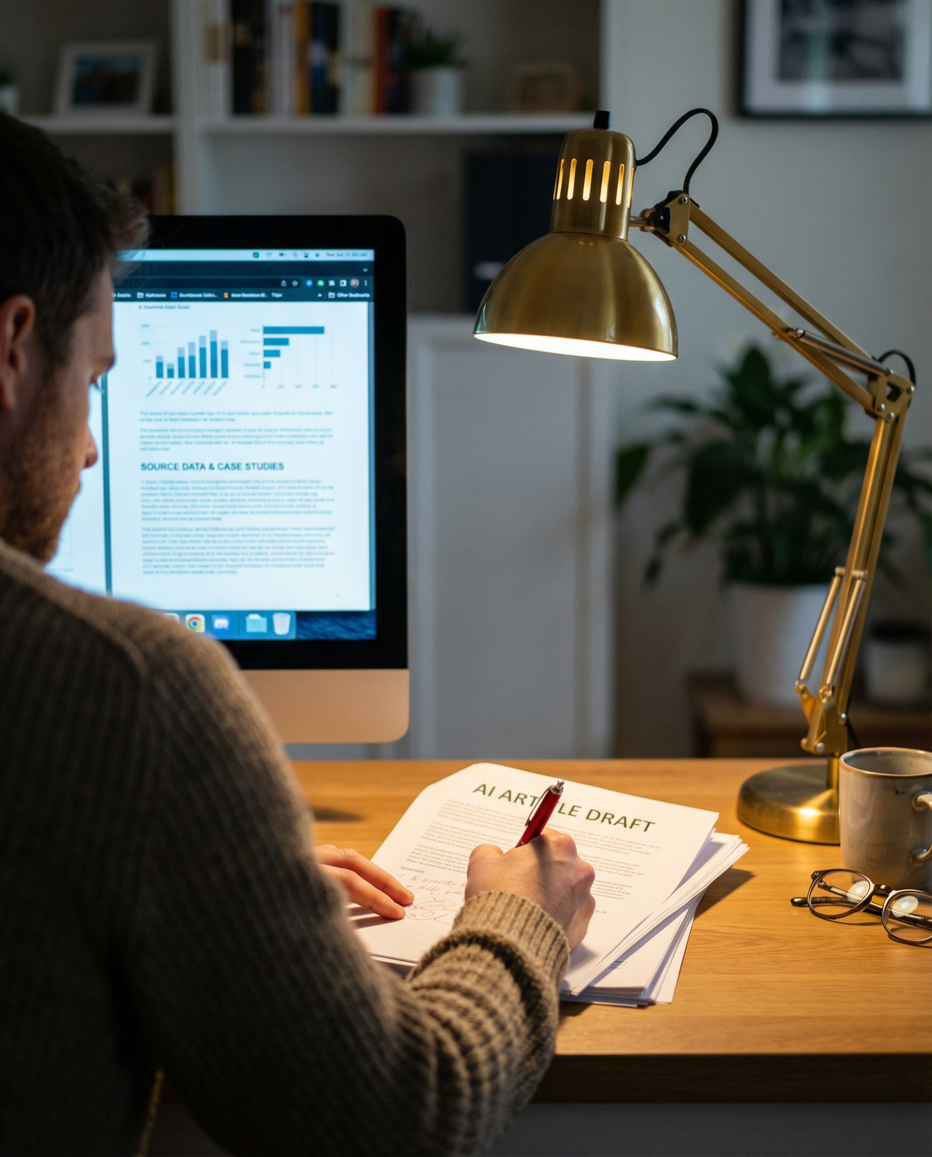 Photorealistic editorial photograph: over-the-shoulder perspective of content creator adding handwritten annotations to printed AI article draft, red pen marking additions and corrections, second moni