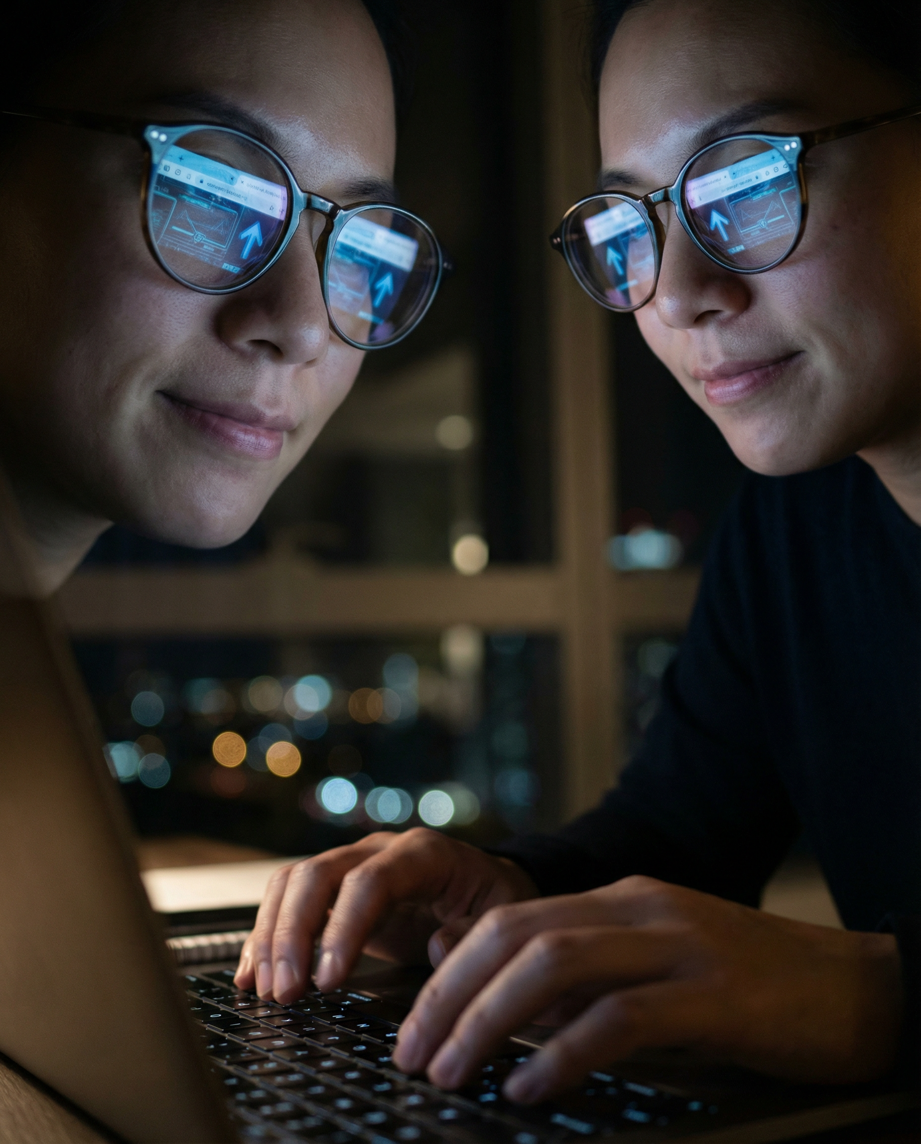 Photorealistic editorial photograph: low angle dramatic shot of laptop screen reflecting in eyeglasses of focused editor, hands typing actively adding technical metadata and schema markup to article b