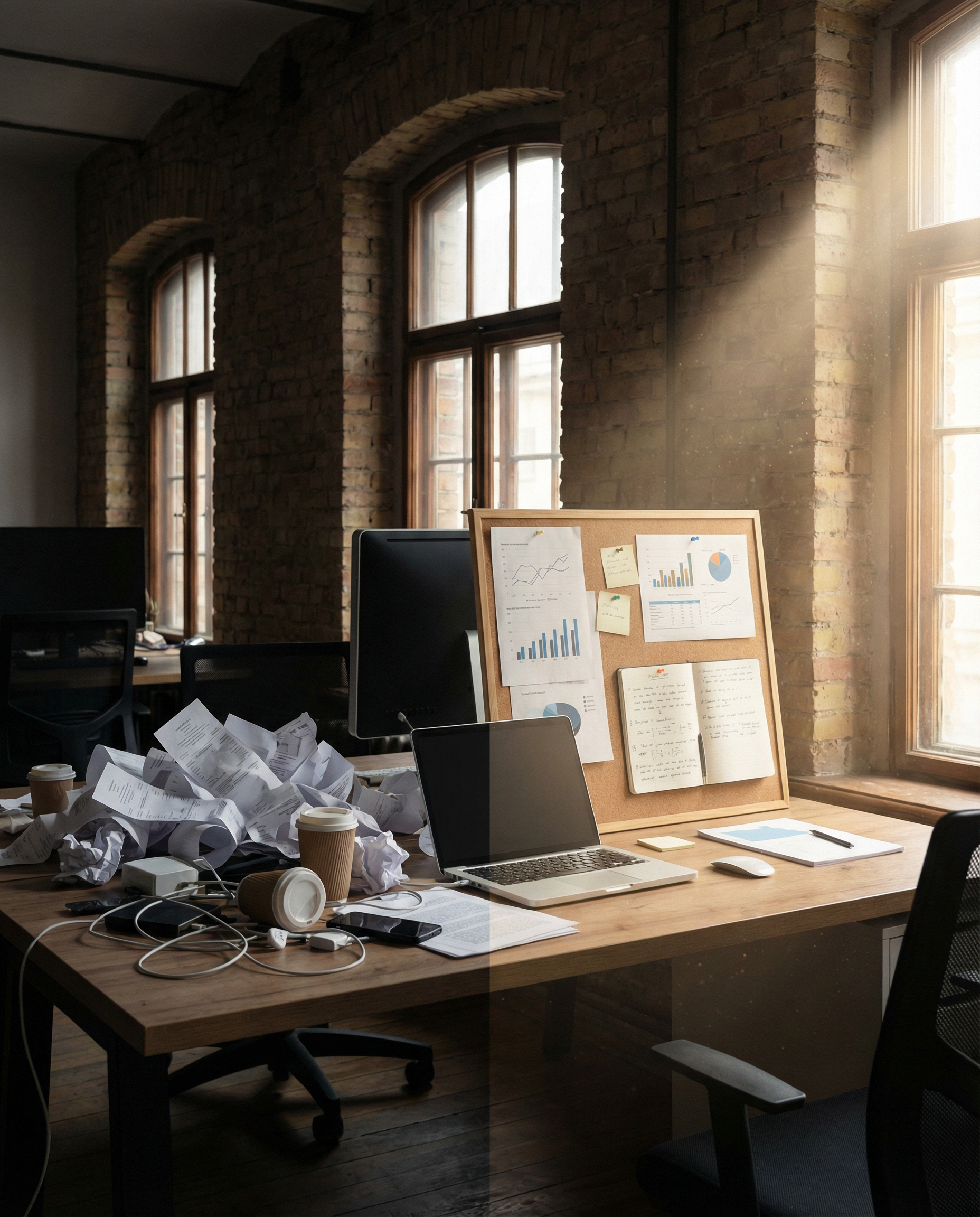 Photorealistic editorial photograph: wide establishing shot of split-screen workspace showing chaos versus order, left side cluttered with identical generic AI-generated printouts scattered and abando