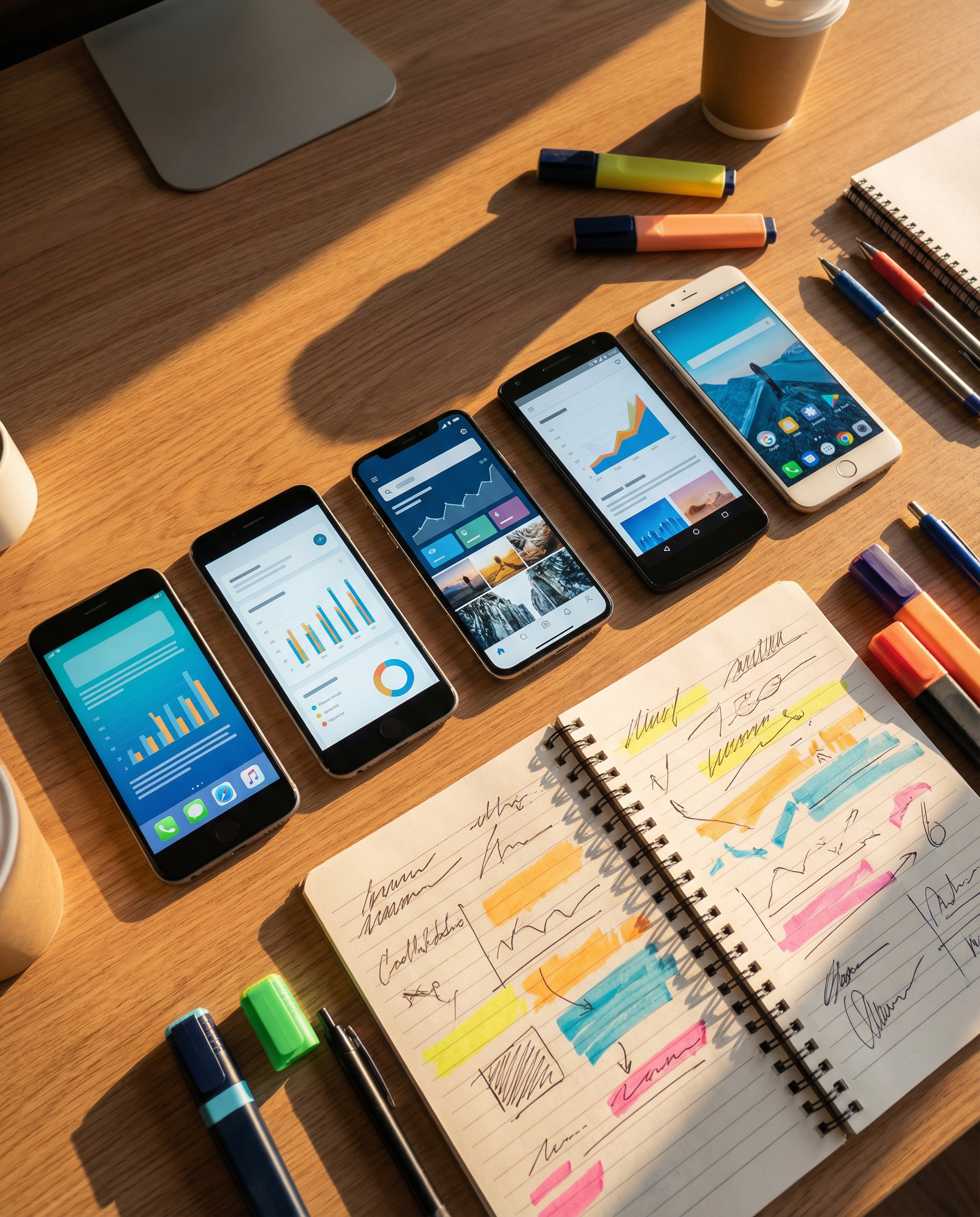 Photorealistic editorial photograph: wide angle shot of professional desk surface from above, five different smartphones displaying competitor website articles side by side, notebook with handwritten