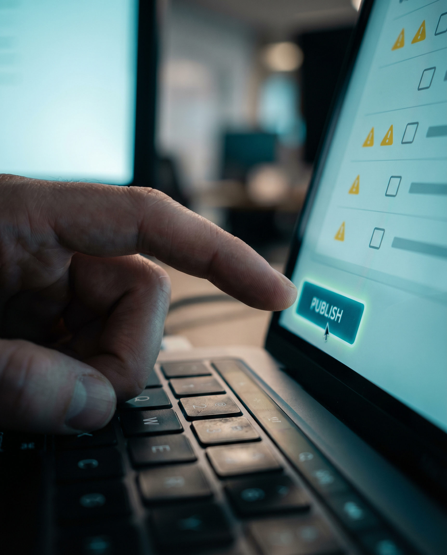 Photorealistic editorial photograph: tense moment captured as finger hovers over publish button on content management system, visible technical SEO checklist on second screen still incomplete, yellow