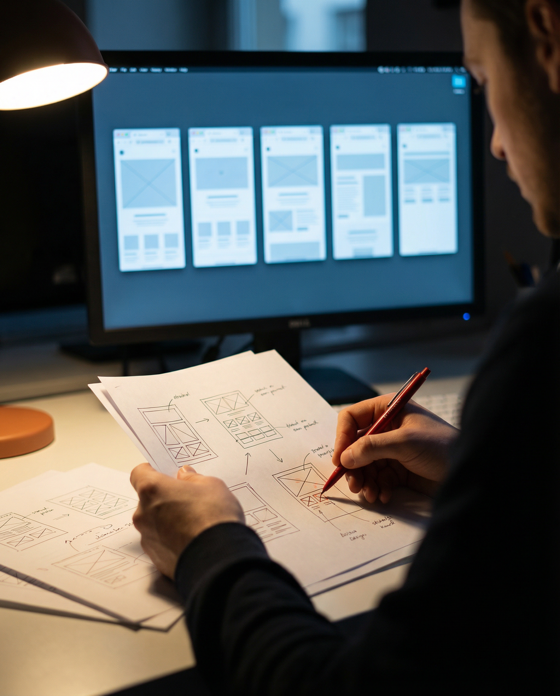 Photorealistic editorial photograph: over-the-shoulder view of content strategist at desk comparing five browser windows showing competitor articles side-by-side, each displaying different structural