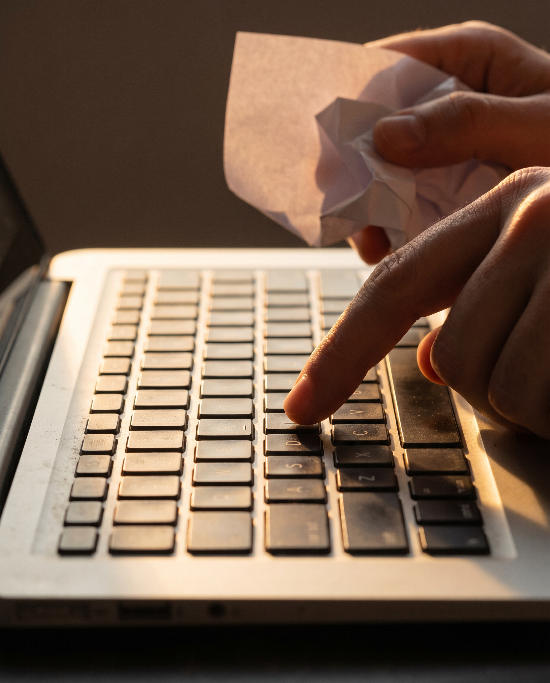 Photorealistic editorial photograph: extreme close-up macro shot of human hand hovering over laptop keyboard mid-keystroke, finger frozen in motion above keys, second hand holding crumpled generic art