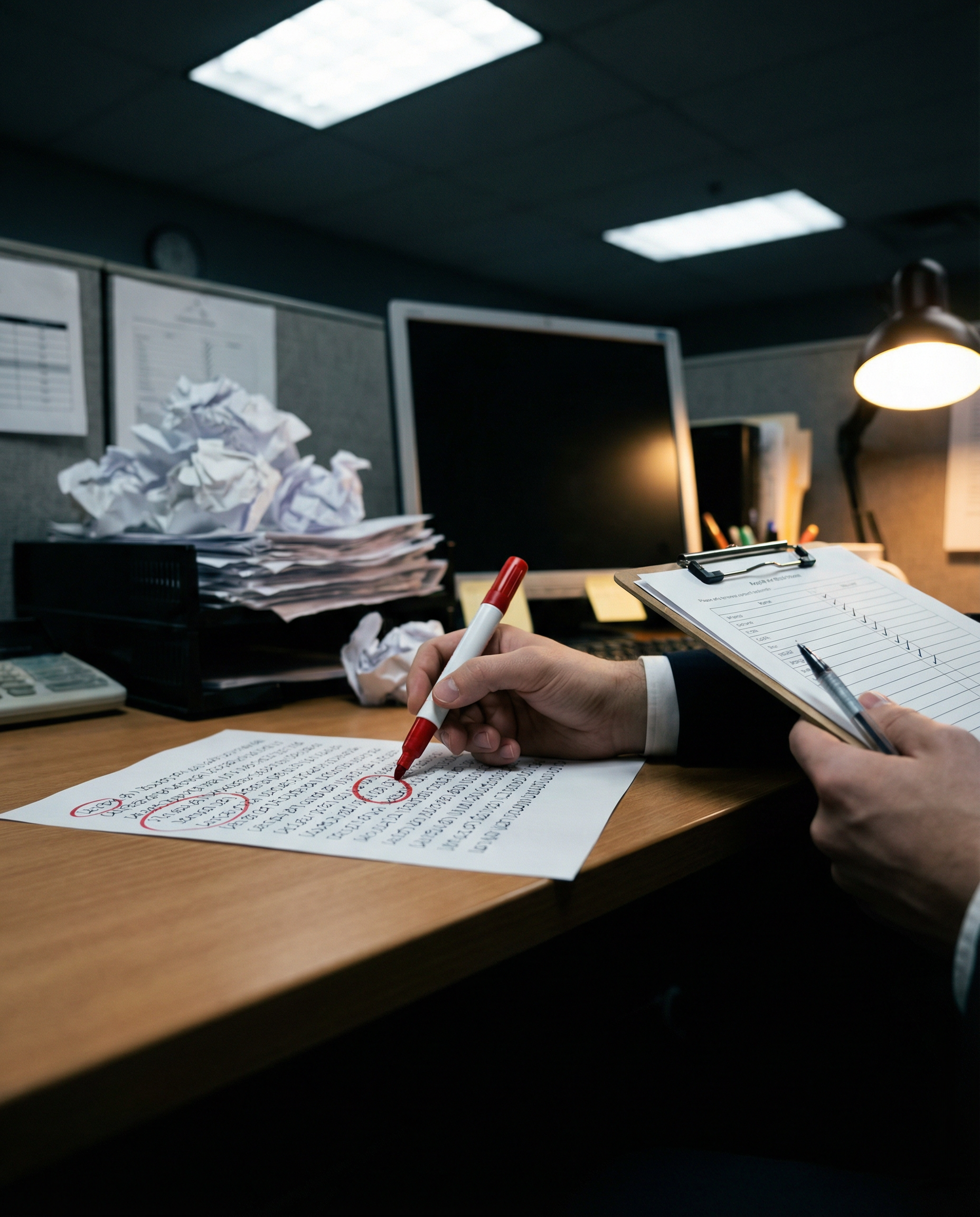 Photorealistic editorial photograph: close-up detail shot of SEO analyst's hands using red marker to circle repetitive AI-generated phrases on printed article, other hand holding quality checklist wit