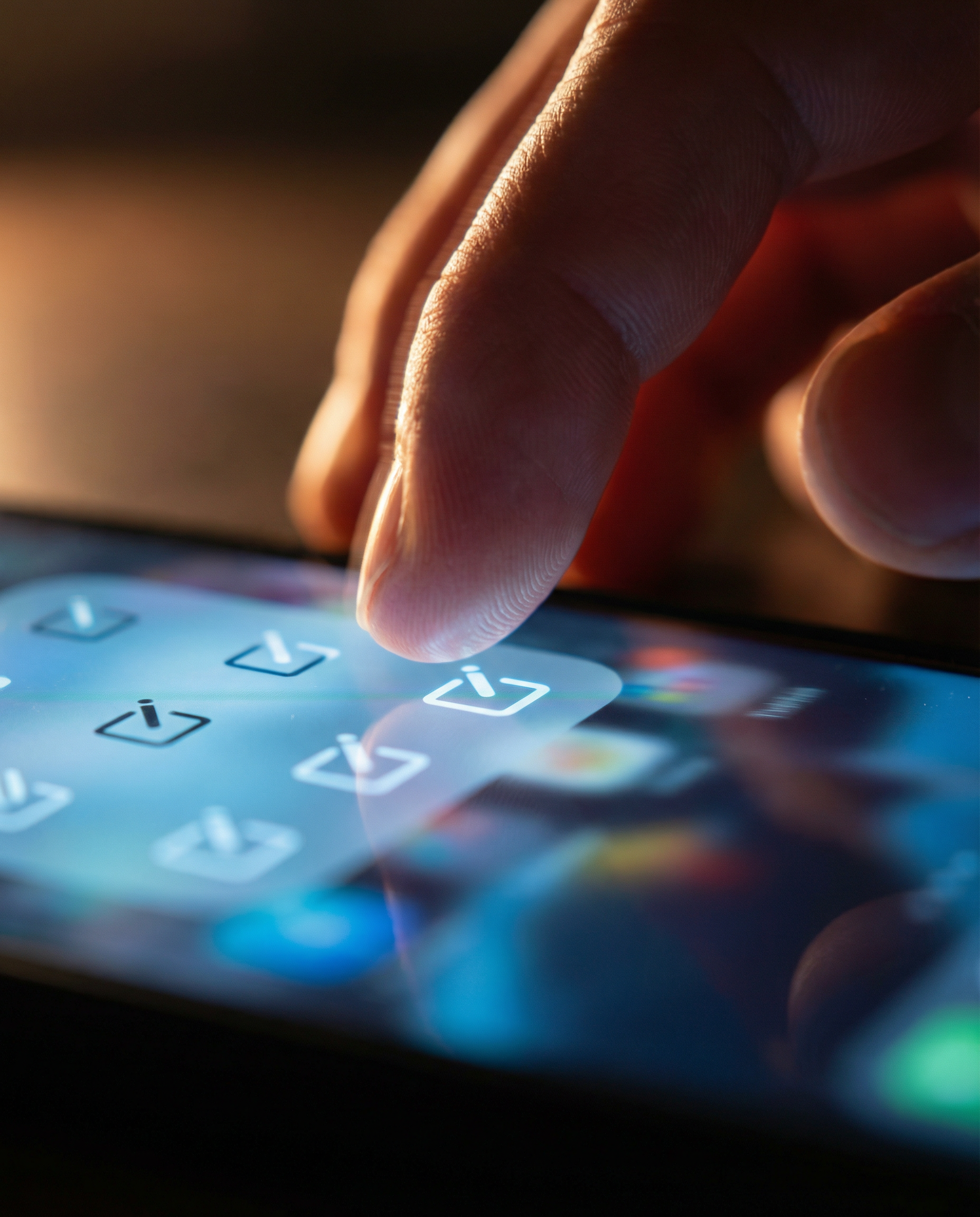 Photorealistic editorial photograph: extreme close-up of smartphone screen showing identical post being published simultaneously across multiple social media apps, finger hovering over publish button,