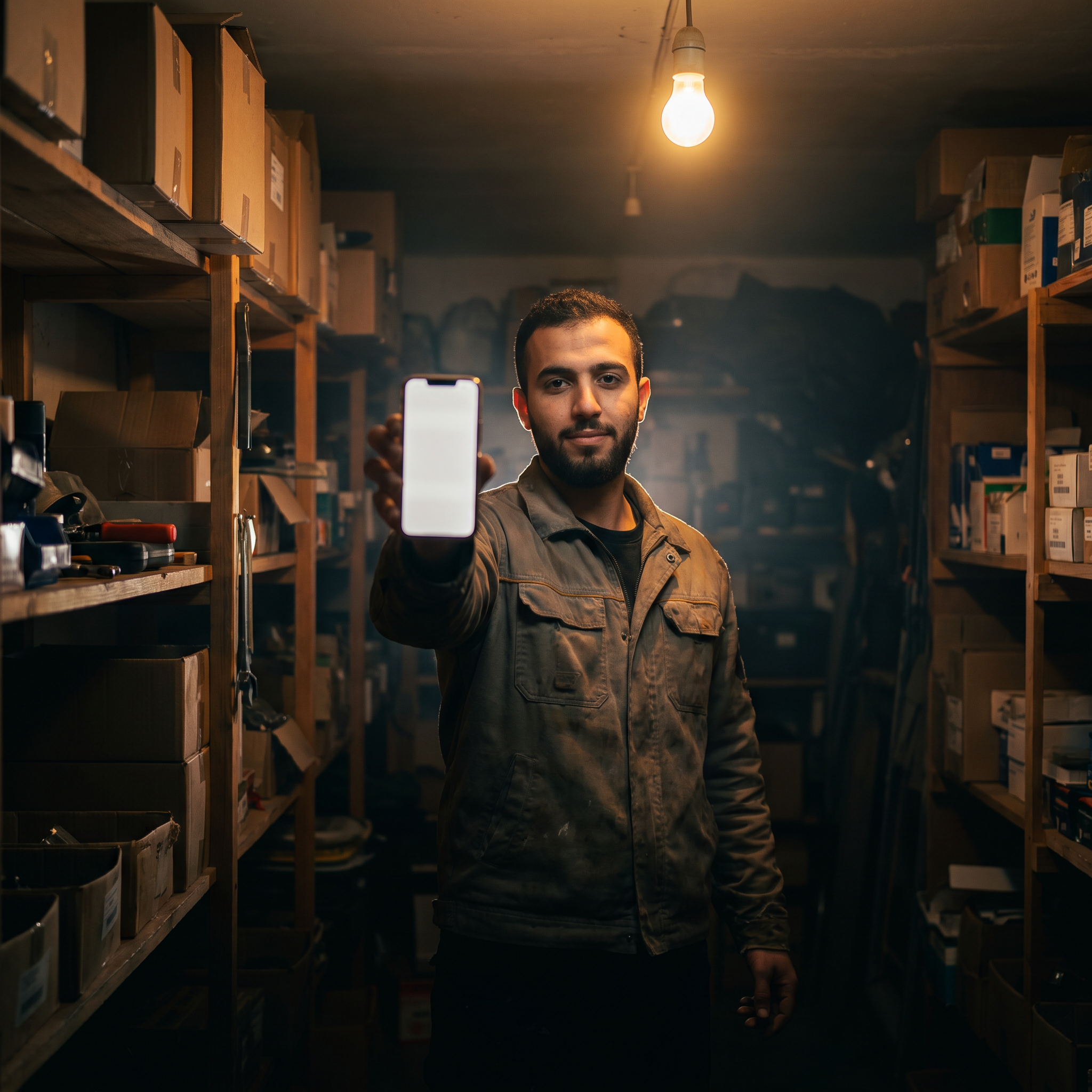 Photorealistic editorial magazine cover photograph: a young Middle Eastern small-business owner standing centered at slight low angle in a cramped back-office corner, holding a smartphone vertically t