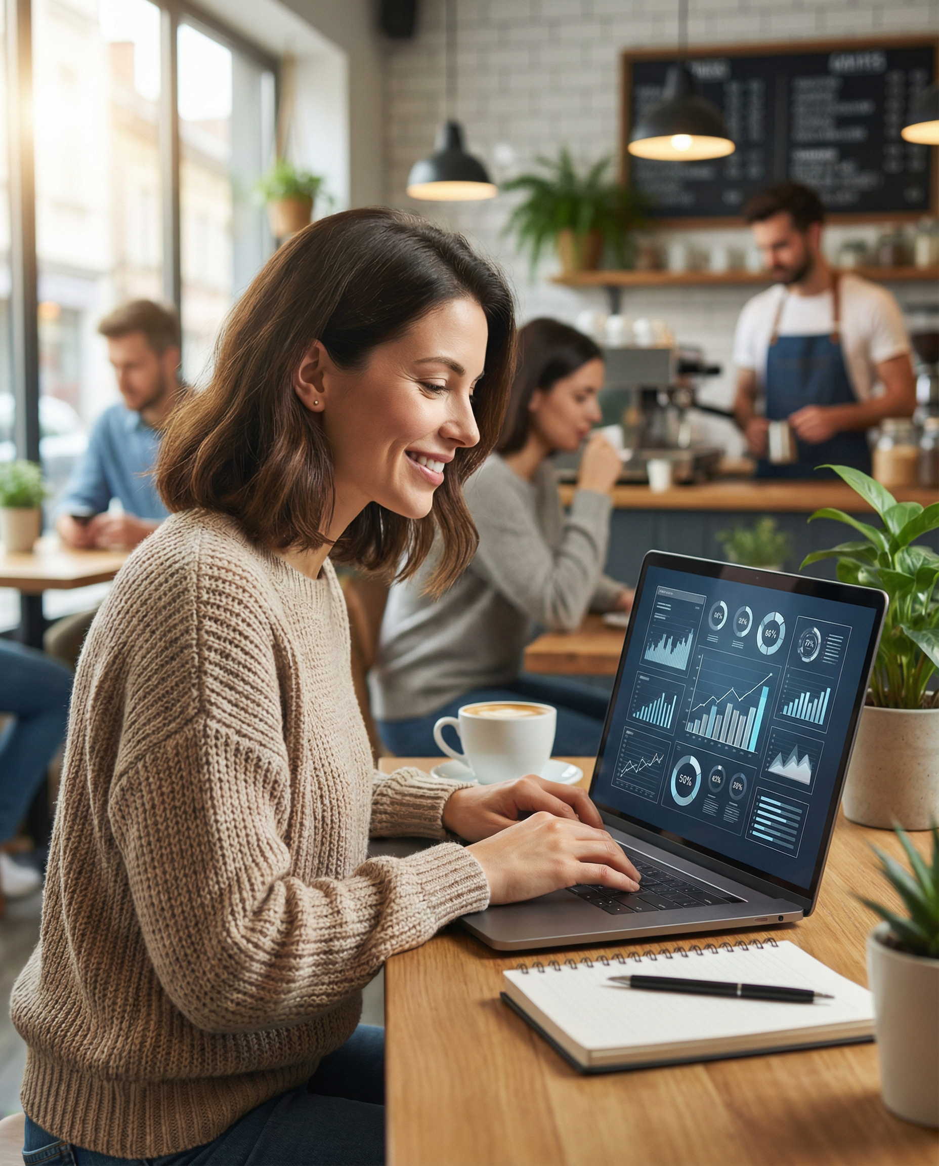 Small business owner using AI marketing software on a laptop in a cozy café, showcasing a blend of technology and entrepreneurship.