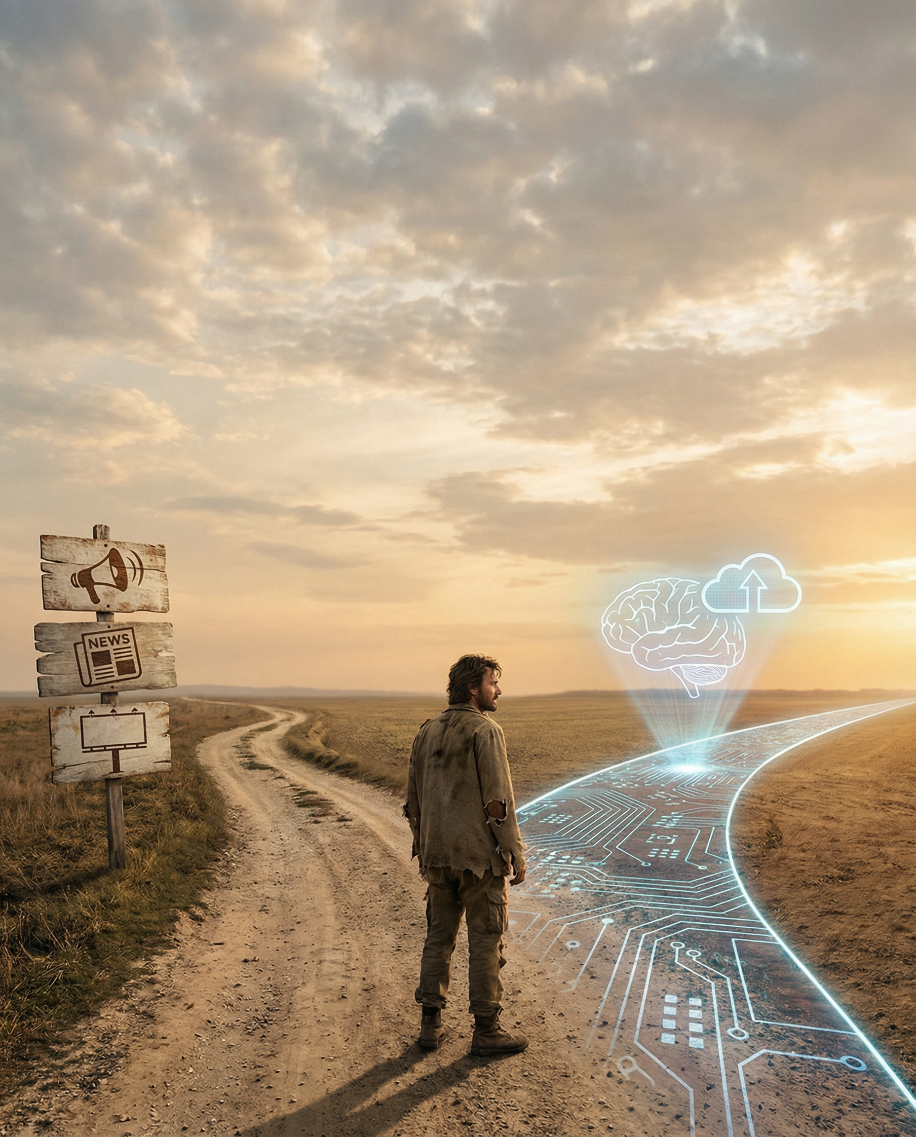 Visual metaphor of a small business owner standing at a crossroads, one path leading to traditional marketing and the other to AI marketing solutions.