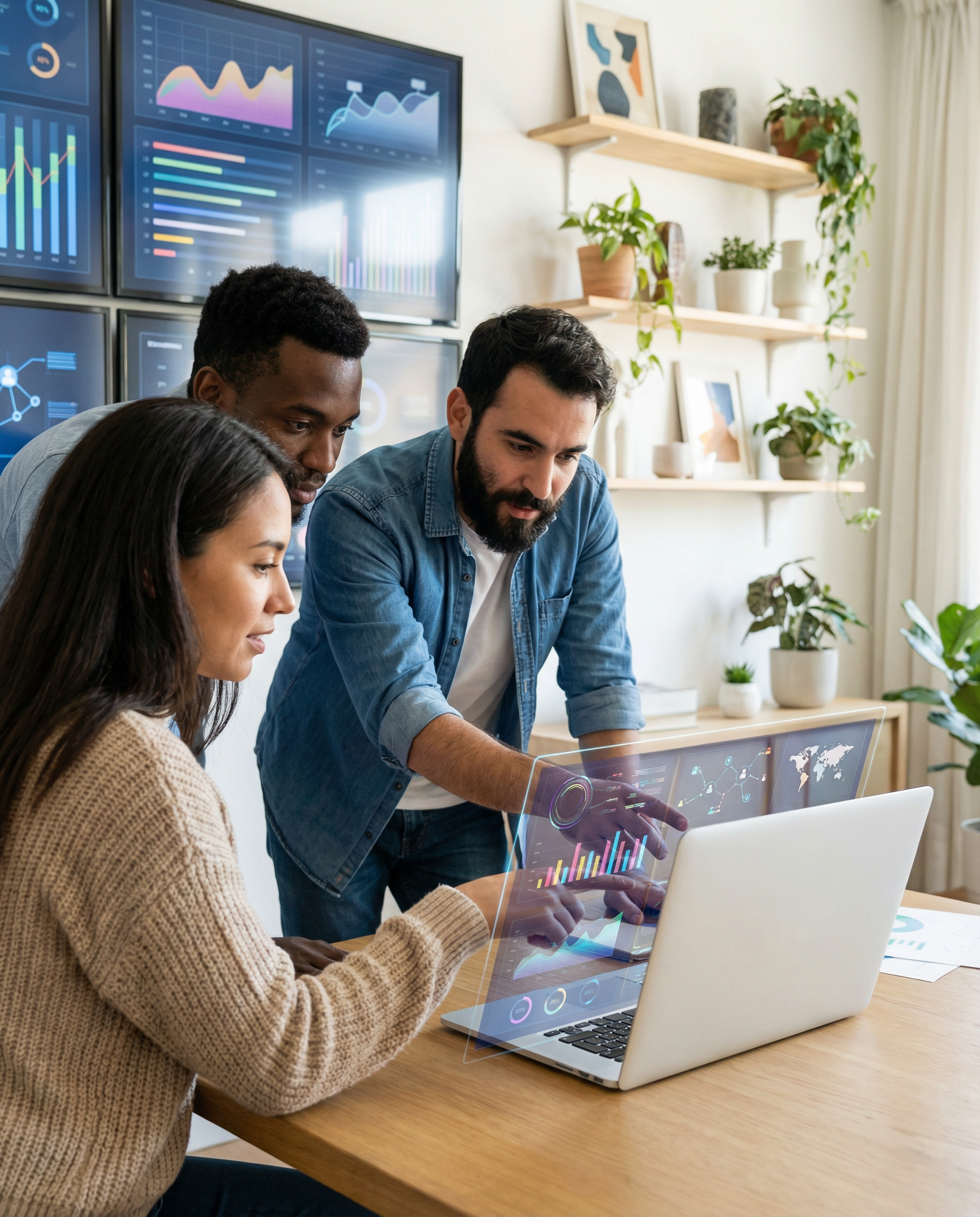 Small business owners collaborating around a laptop displaying AI marketing tools, modern workspace with digital screens and creative decor.