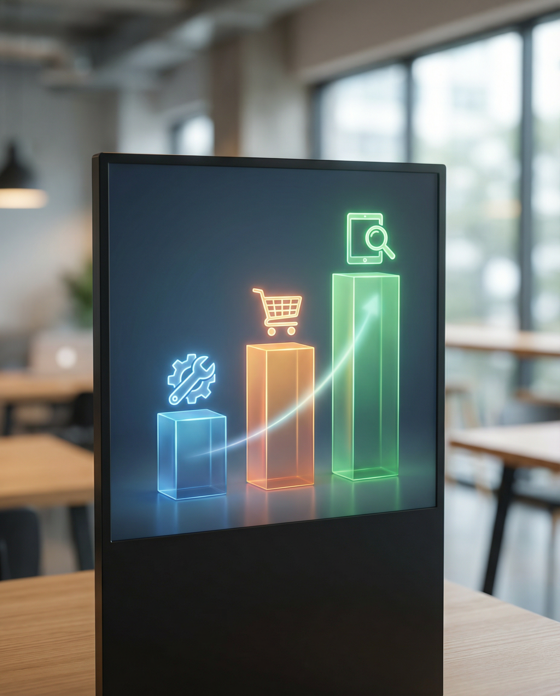 Infographic illustrating projected growth of AI marketing adoption among small businesses with rising bar charts and colorful icons representing different industries.