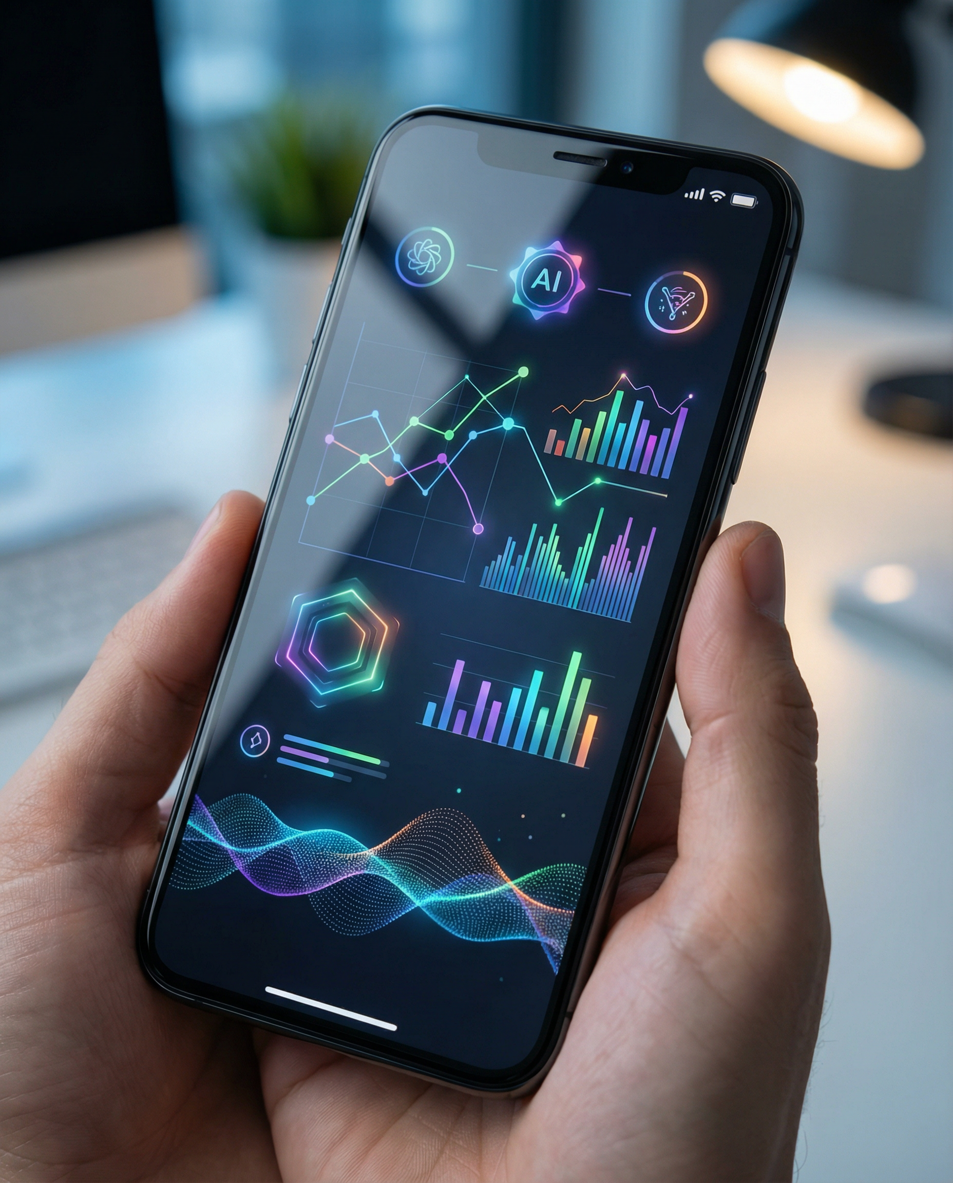 Close-up of a smartphone screen showcasing an AI marketing app interface with analytics and engagement metrics, modern tech aesthetic.