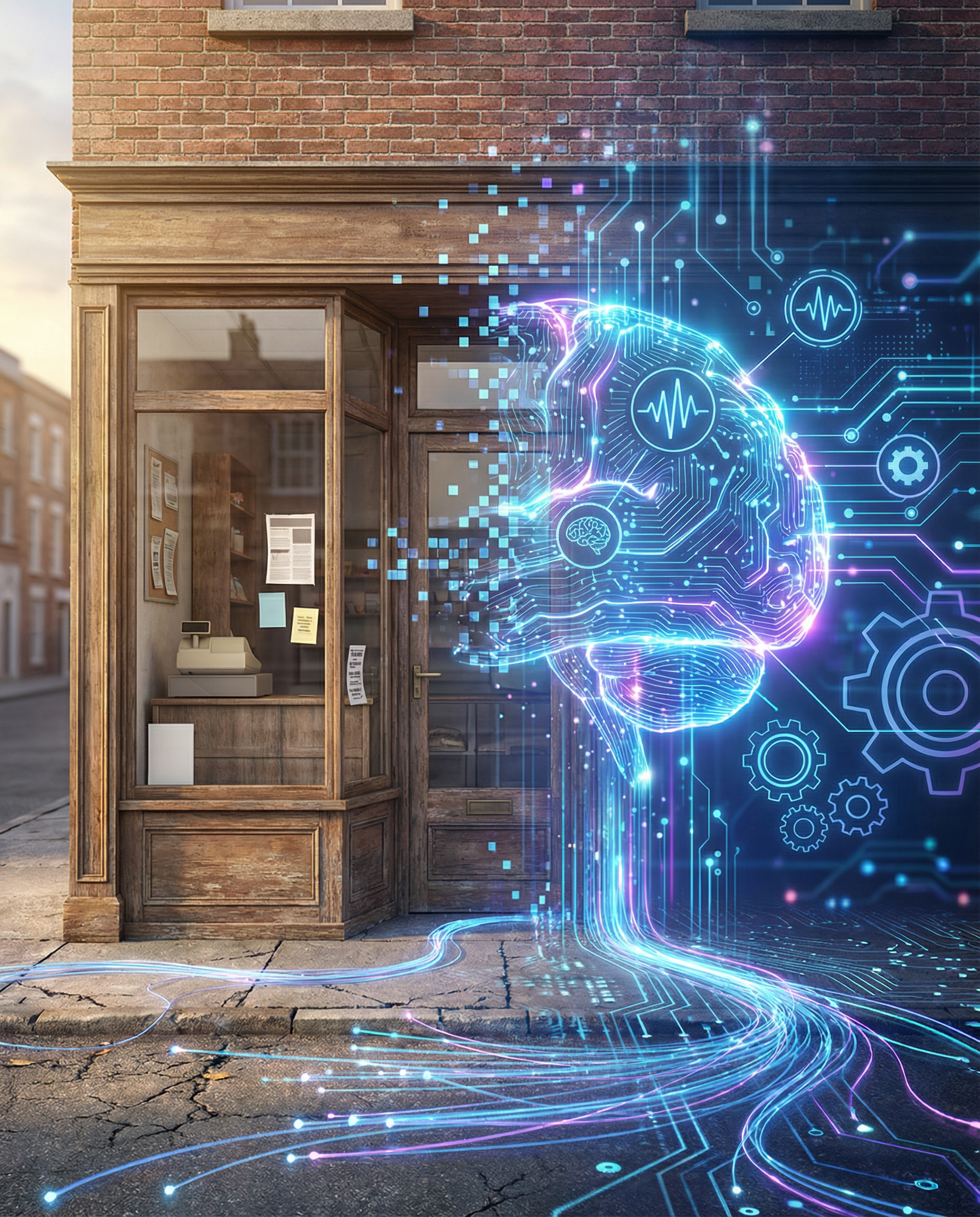 Visual metaphor of a small business storefront transforming into a digital landscape, symbolizing the shift to AI-driven marketing strategies.