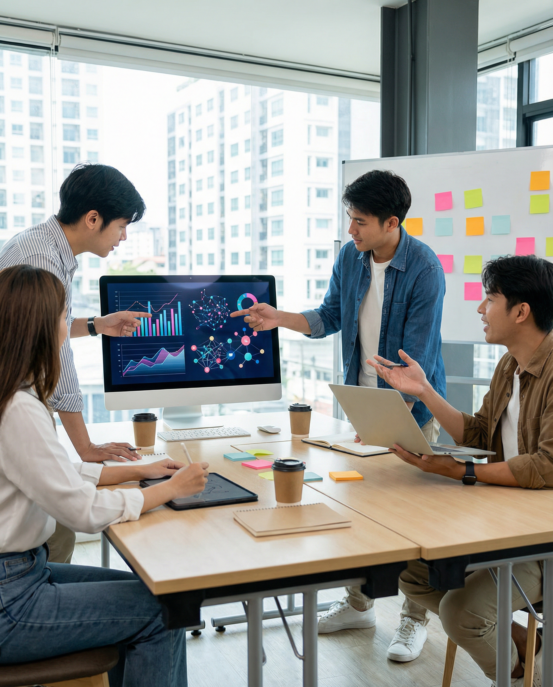 Marketing professionals analyzing data on AI-driven marketing strategies in a vibrant team meeting, dynamic brainstorming session with digital devices.