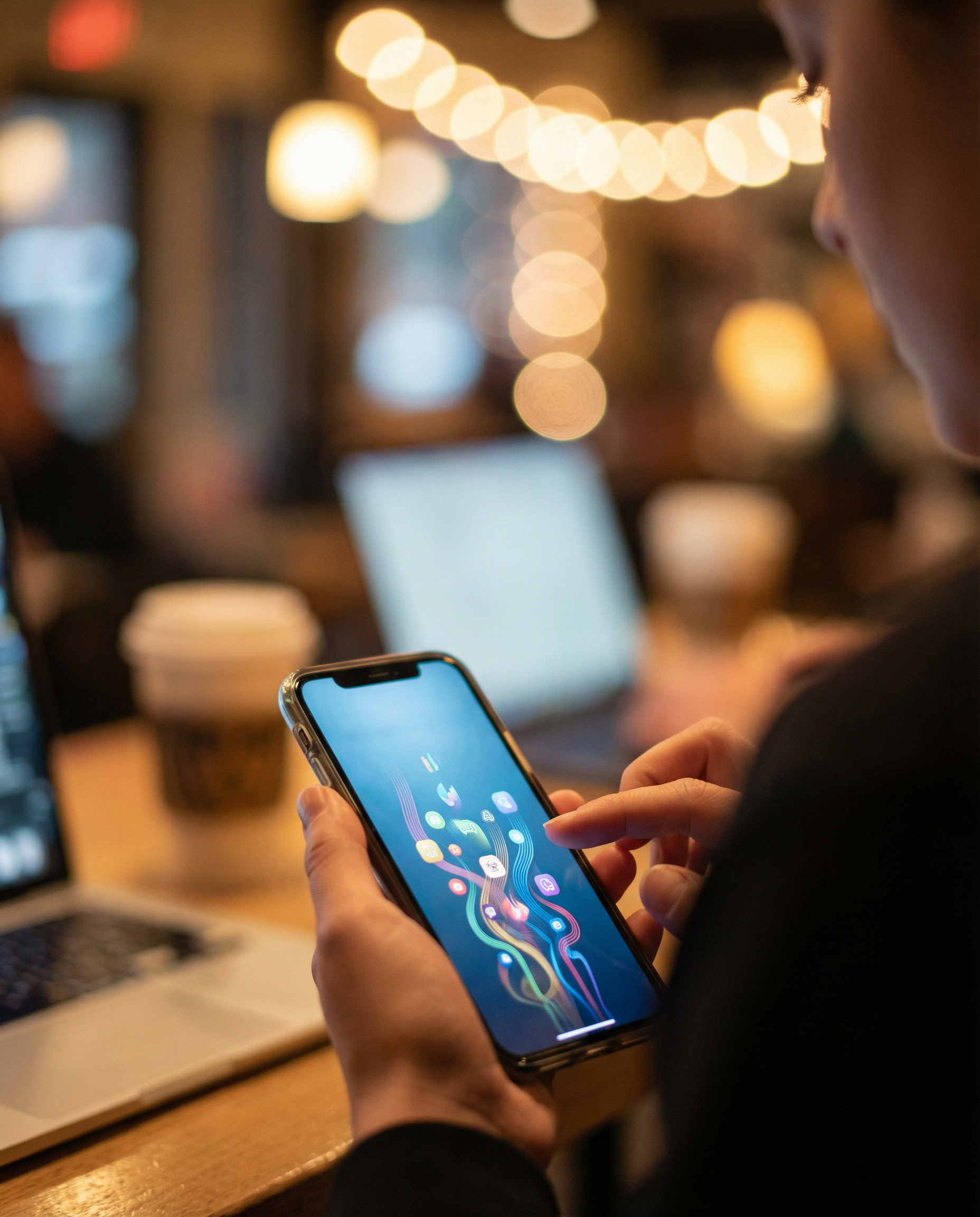 Photorealistic editorial photograph: close-up of smartphone screen displaying personalized marketing messages in multiple languages cascading across interface, human hand holding device with finger ho