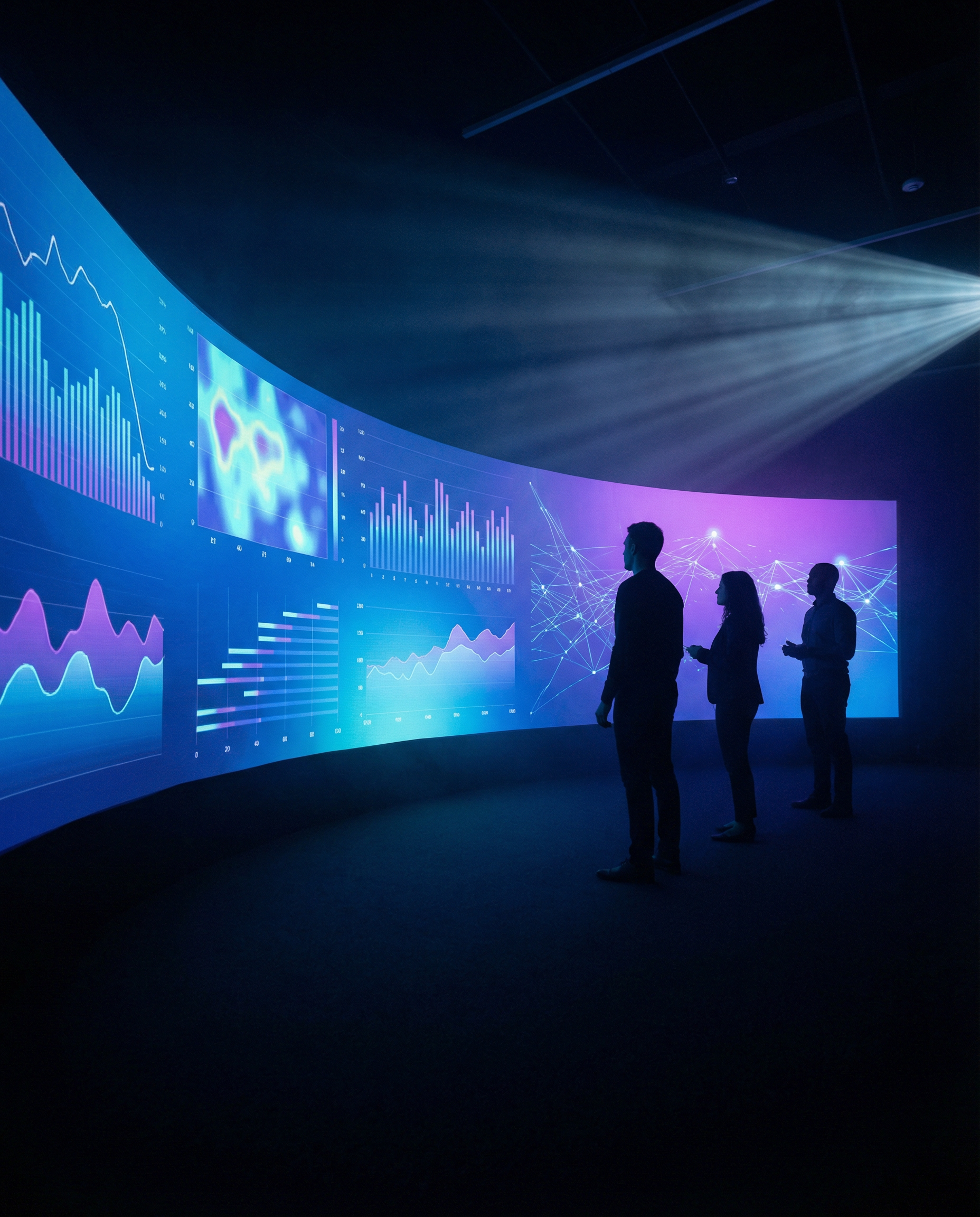 Photorealistic editorial photograph: wide establishing shot of modern marketing analytics war room with massive curved screen displaying predictive customer behavior graphs and heat maps in blue and p