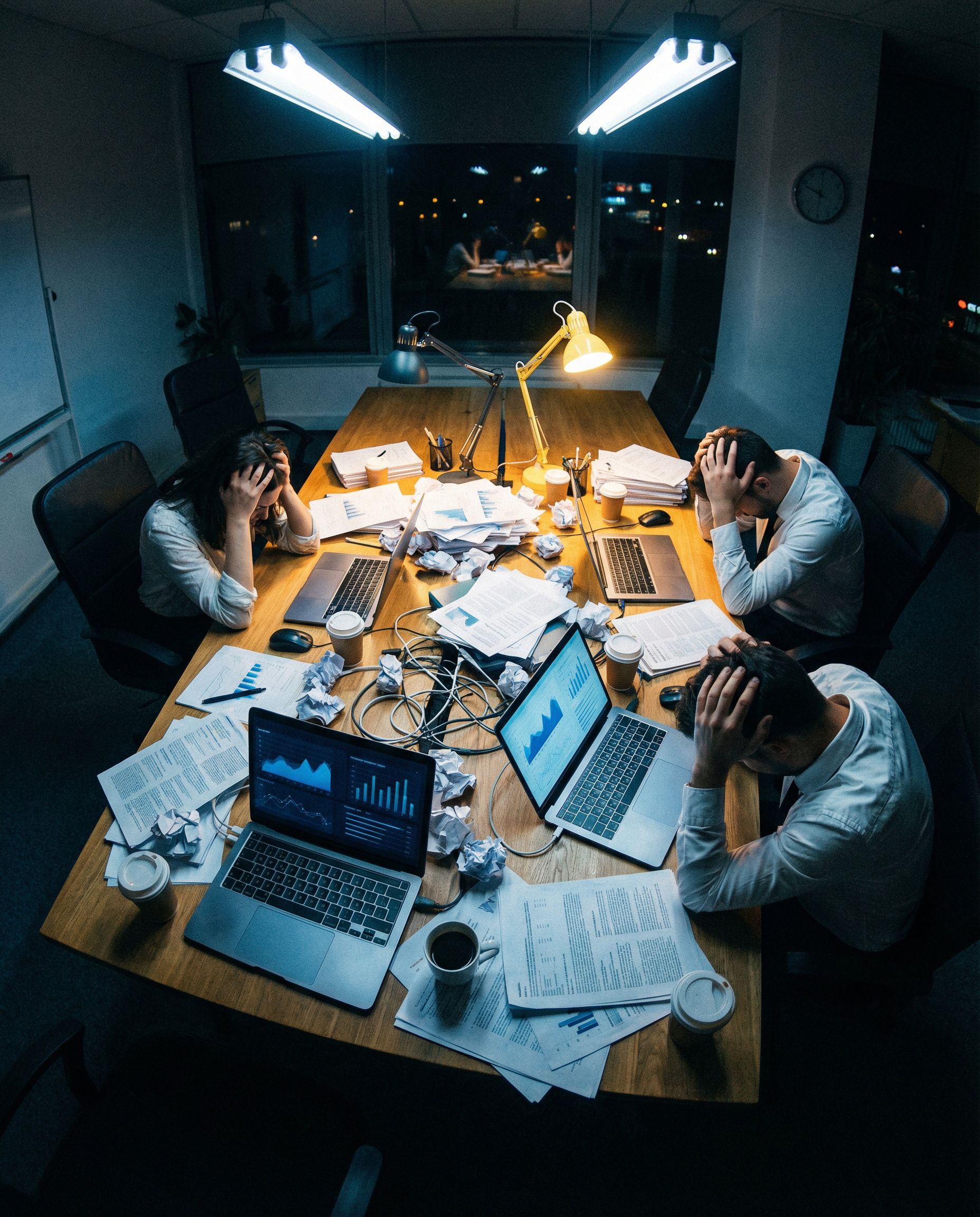 Photorealistic editorial photograph: exhausted marketing team late at night, overhead wide angle shot of cluttered desk drowning in printed social media posts, crumpled papers, coffee cups, laptop scr
